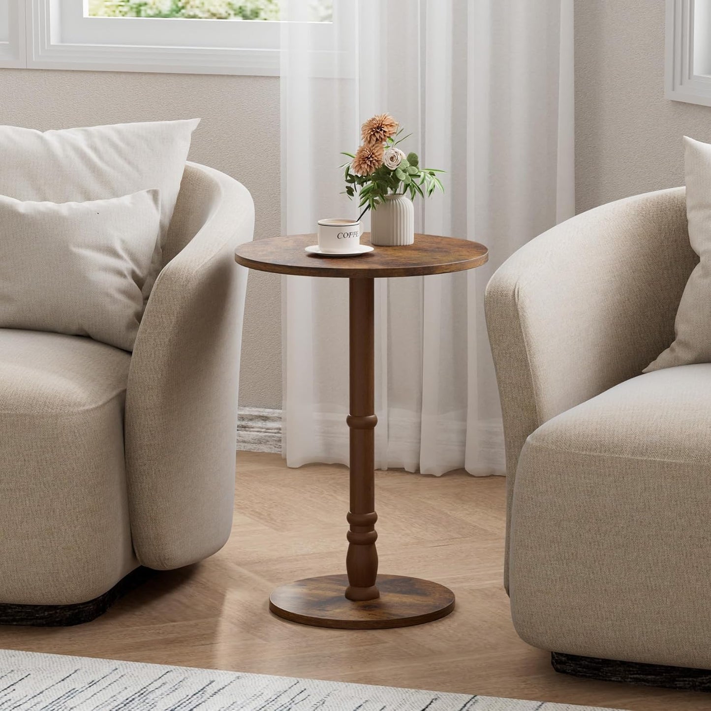16" Round Side Tables, Solid Wood Pillar with Wood Top & Base, Small Drink Accent Table for Living Room, Bedroom, Sofa & Office, Easy Assembly, Rustic Brown