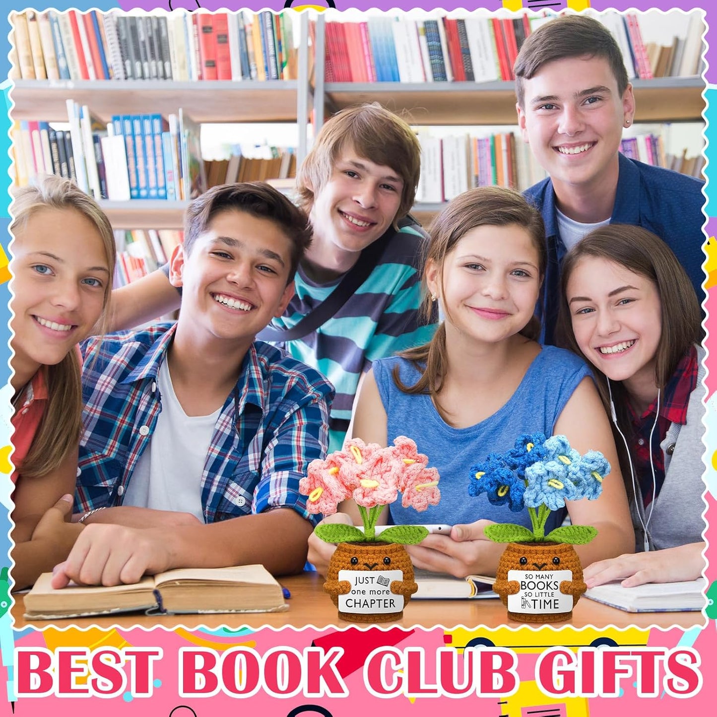 Wavwavw 6 Pcs Book Club Gift Book Lover Gift Bulk Crochet Flower Handmade for Bookish Bookshelf Deck Decor Librarian(Flower)