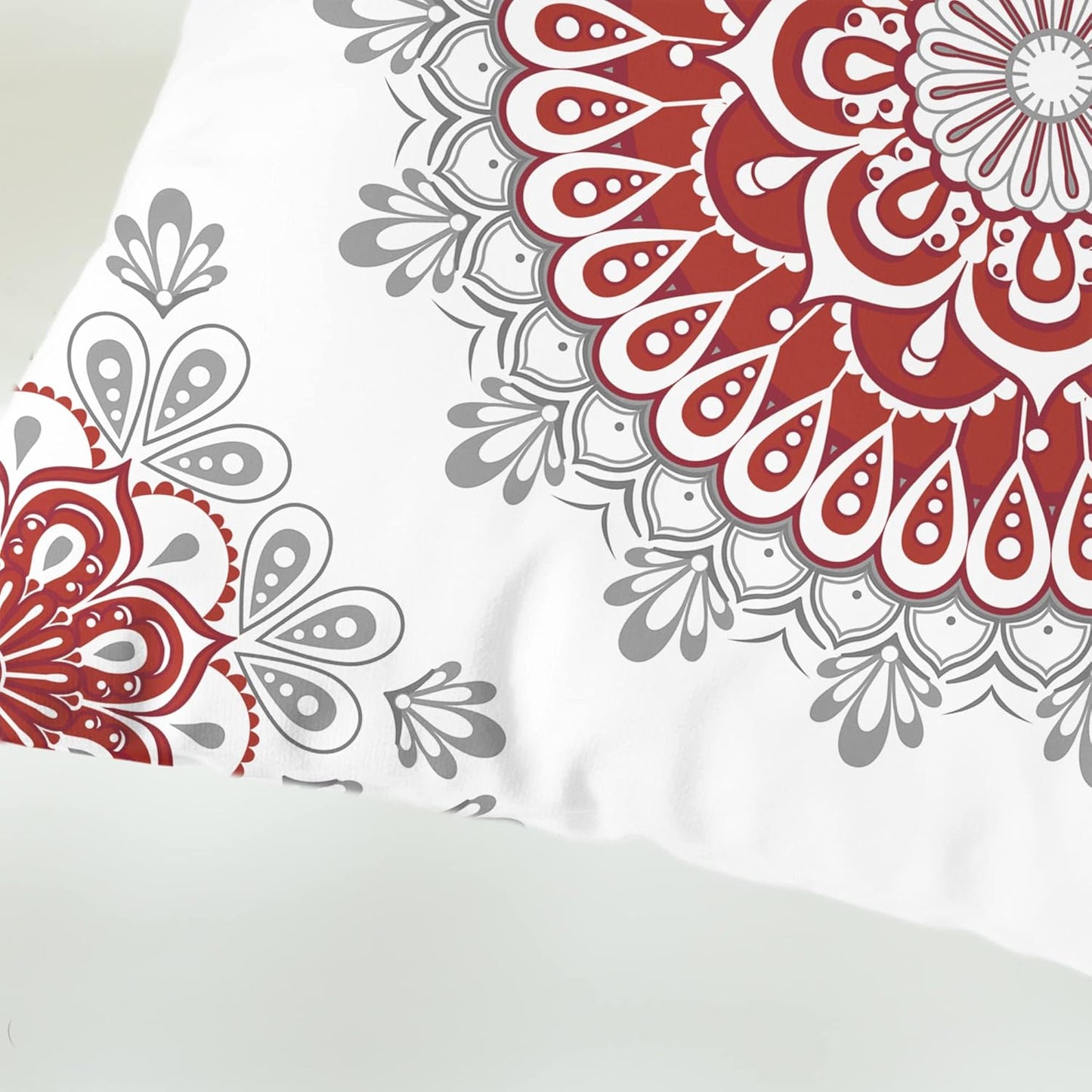 CaliTime Throw Pillow Covers Pack of 2 Cozy Fleece Mandala Dahlia Floral Medallion Compass Style Cushion Cases for Couch Bed Sofa Farmhouse Decoration 16 X 16 Inches Red Grey