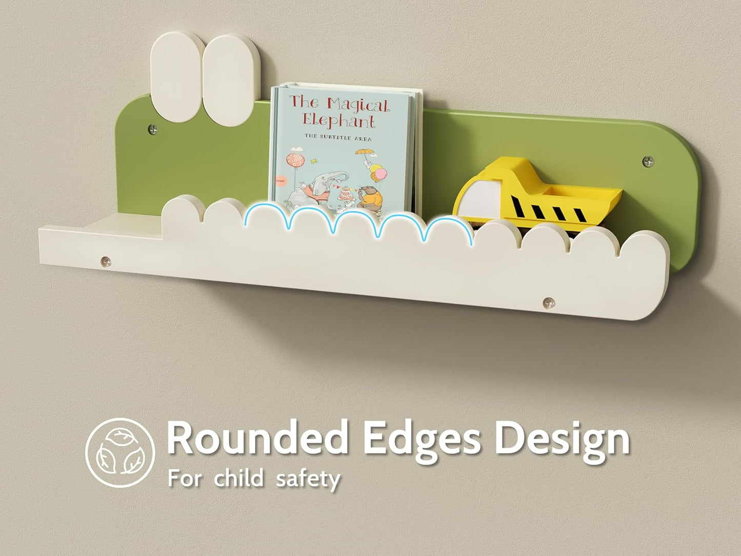 Nursery Floating Shelves, 16.5 Inches Cute Decorative Shelf for Bedroom, Kids' Room, Wall Mounted Wood Bookshelf Organizer for Wall Storage, White/Avocado, Set of 3
