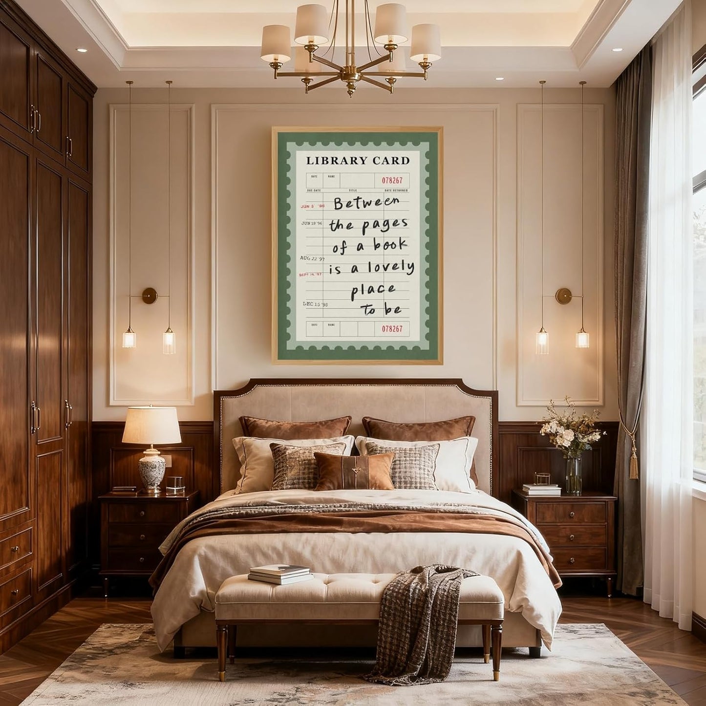 Framed Between The Pages Book Wall Art Green Library Card Print Trendy Book Lover Aesthetic Poster Vintage Cute Reading Quote Bookish Wall Decor for Study Room Girl Room 12x16inch Wooden Frame