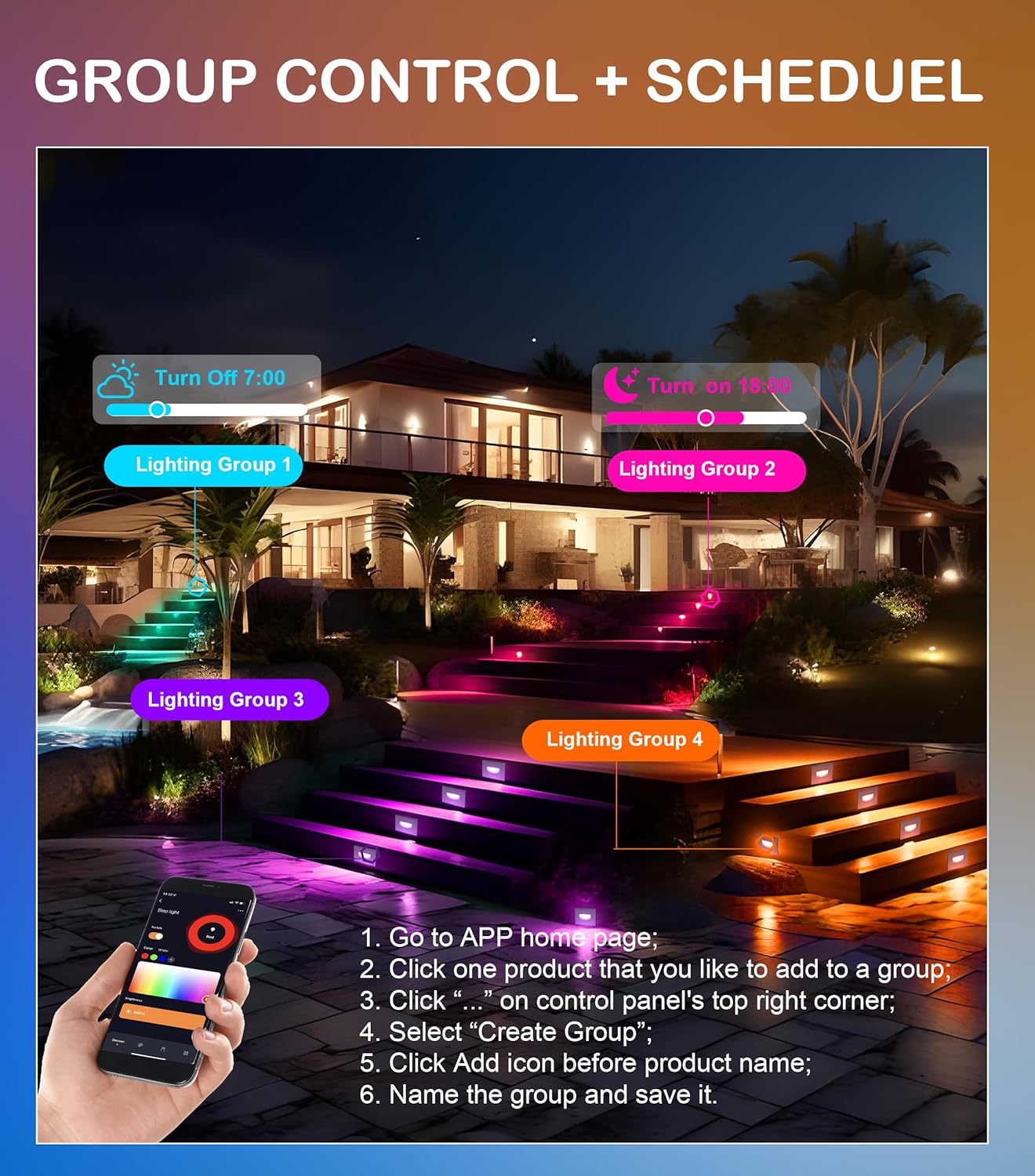 CLOUDY BAY 120V Indoor Outdoor Smart LED Step Lights, RGBCW Color Changing Stair Lights,3W 2700K-6500K,Hub Included,Compatible with Alexa and Google Home Assistant, 6 Pack