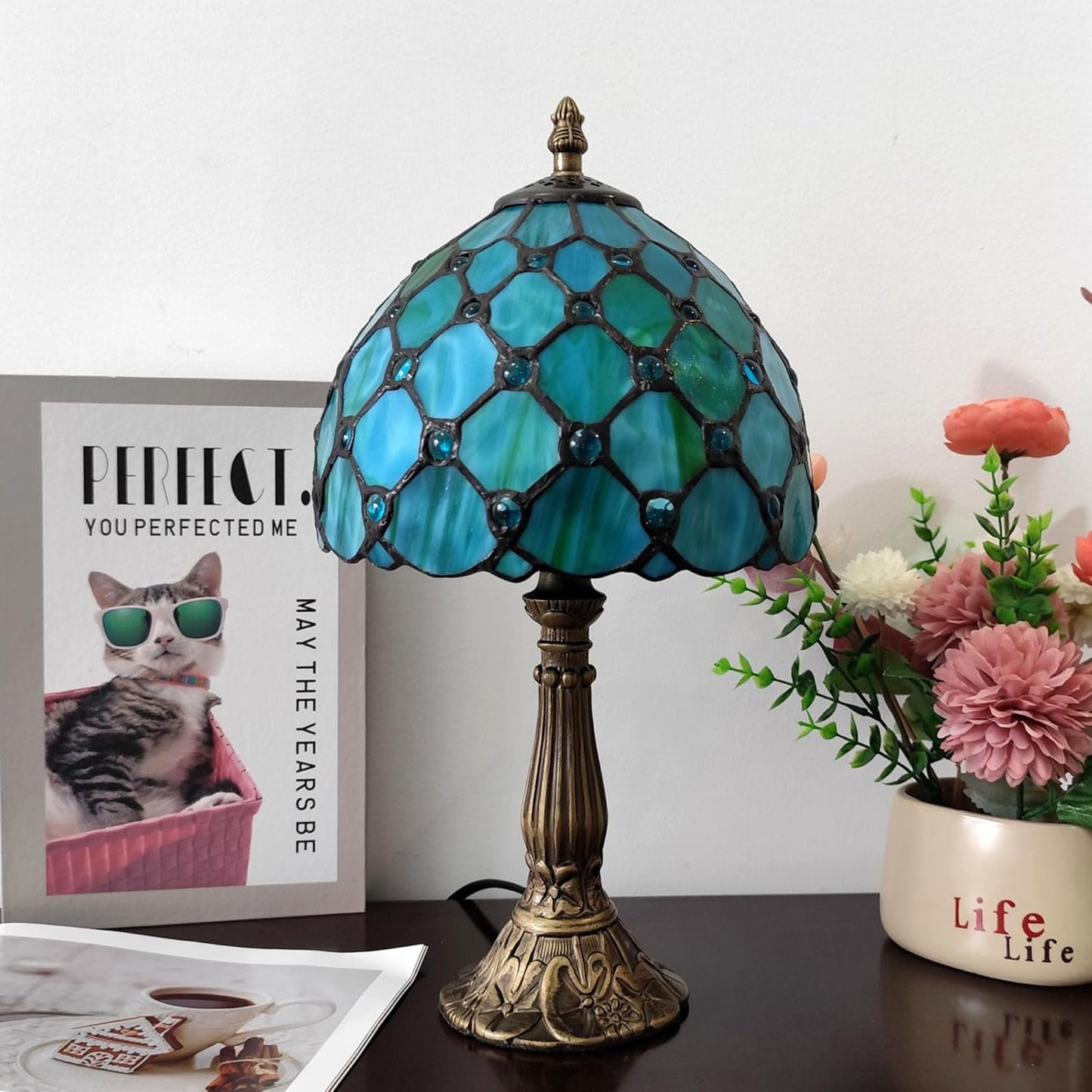 Small Tiffany Table Lamp 8 Inch Tiffany Style Desk Lamp Stained Glass Antique Light Bedroom Bedside Lamp Retro Reading Lamps (Green Pearls Style)