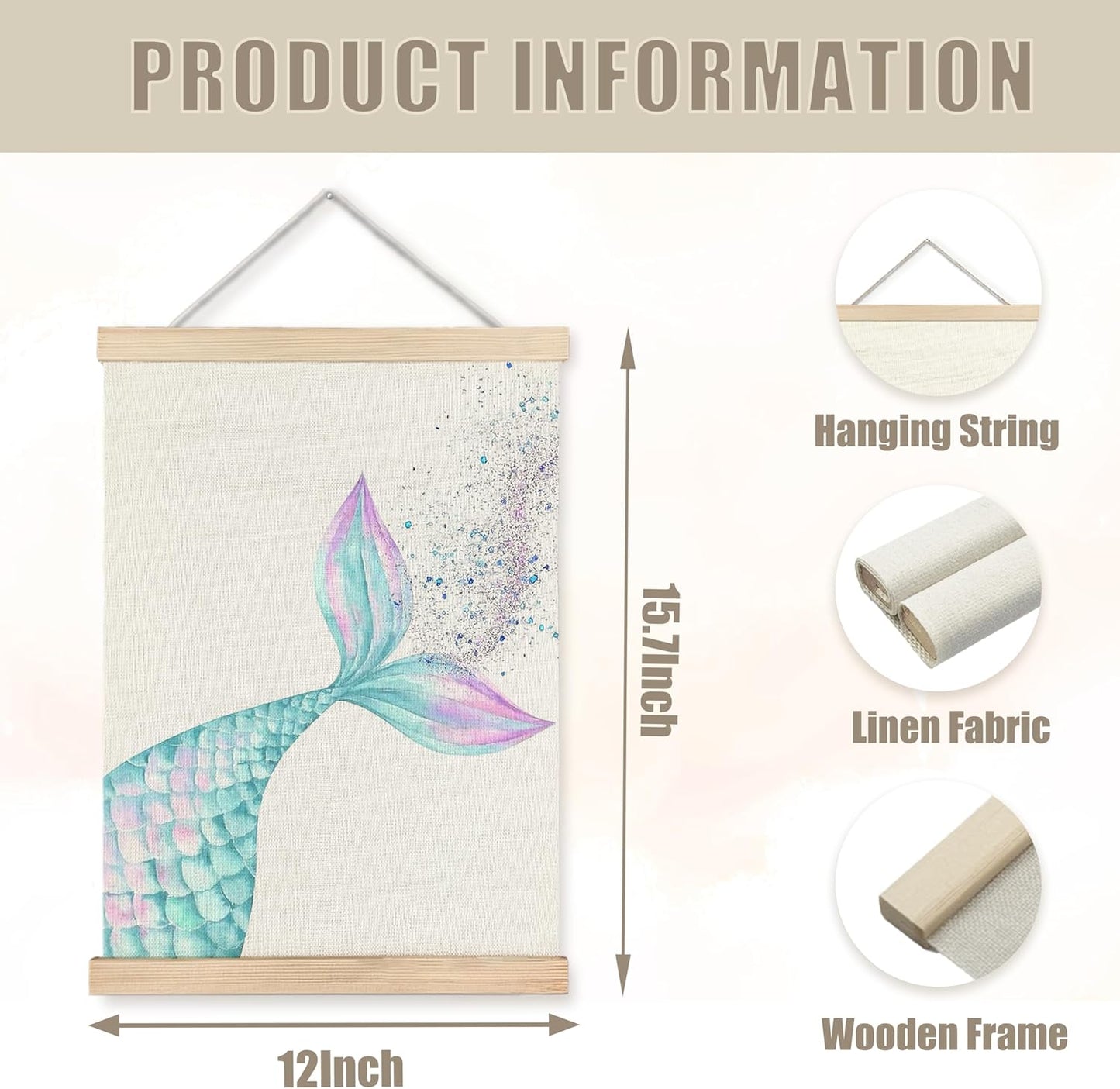 WUCHJ Blue Beach Mermaid Wall Art Poster 12x16 Inch, Beachy Room Decor Aesthetic, Coastal Glitter Blue Mermaid Tail Hanging Wall Decor Canvas Prints for Girls Dorm Bathroom Nursery Bedroom Apartment