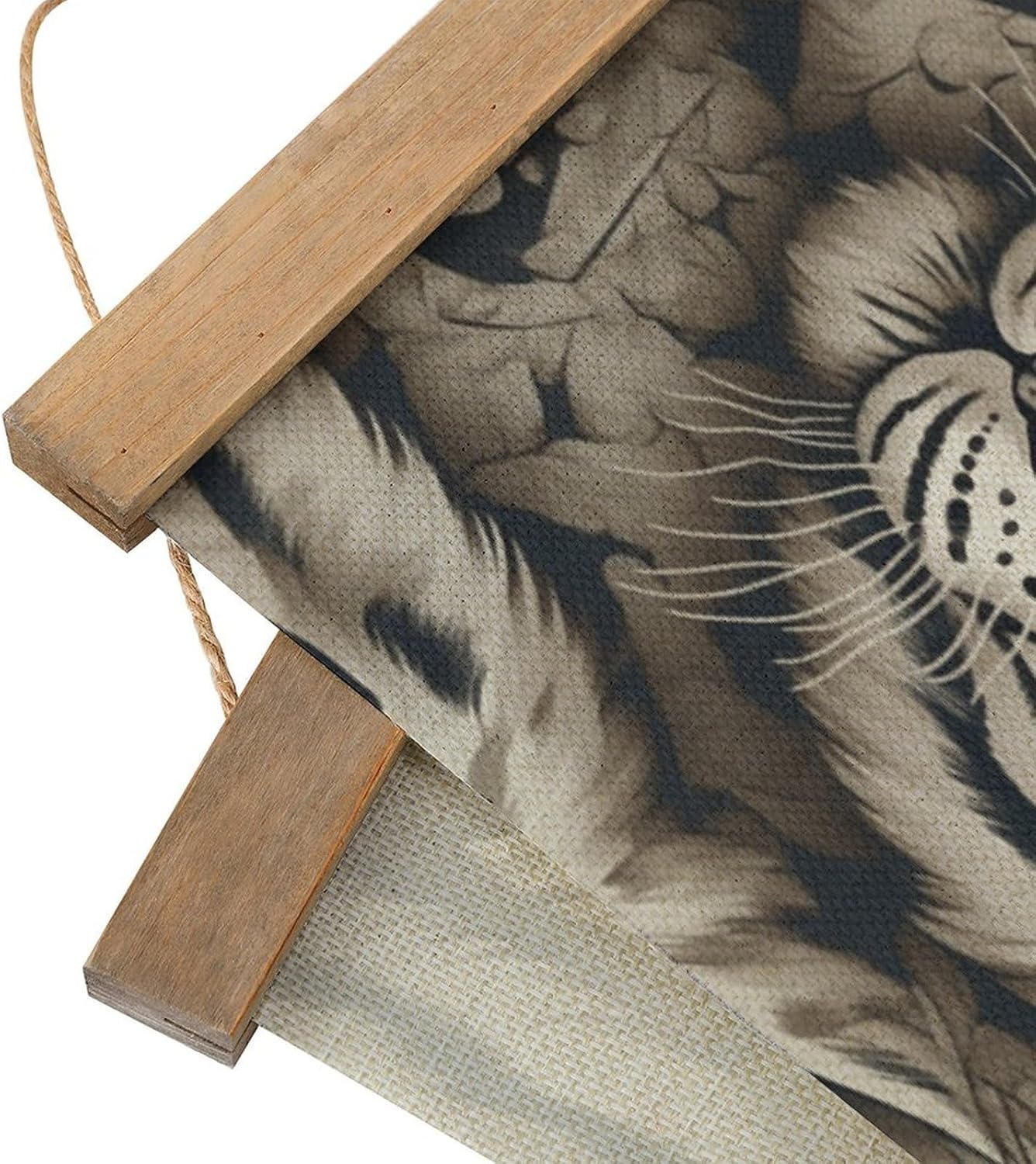 Vintage White Tiger Head Pattern Poster with Wooden Frame Personalized Linen Hanging Scroll Painting Rustic Wall Hanging Illustrative Modern Artwork Decor for Home Living Room Bedroom Office