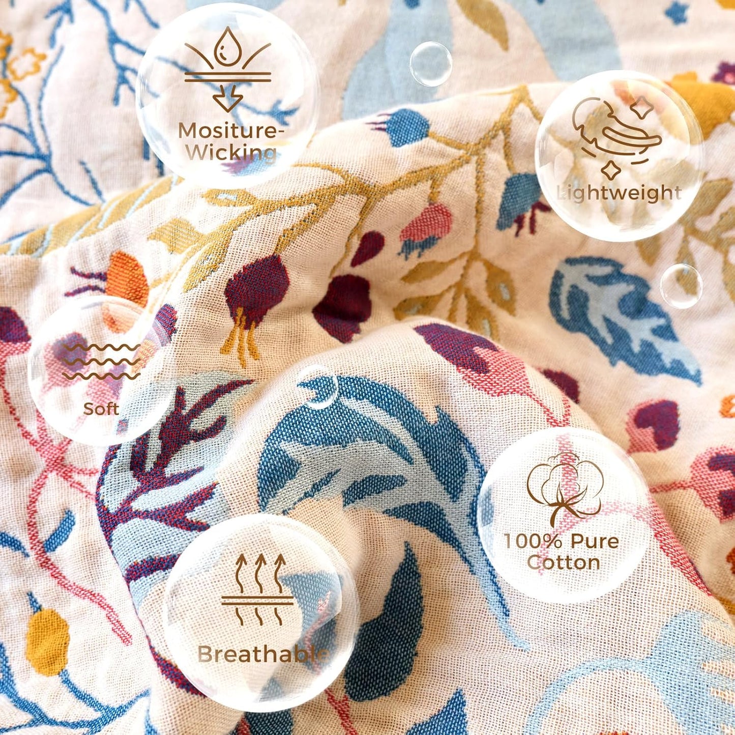 Boho Throw Blanket with Florals & Leaves Embroidery Reversible Lightweight Spring Cotton Gauze Throws for Couch,Bed,Sofa & Chair Decor - Bohemian Living Room Accent Gift 50"x60"
