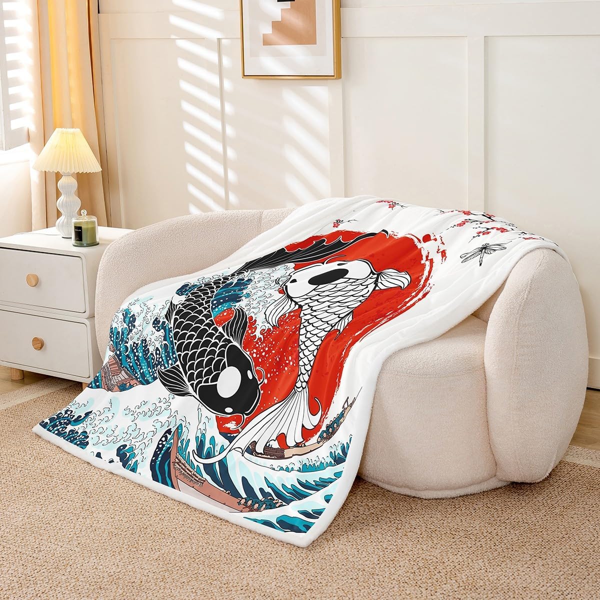 Japanese Ukiyoe Fish Throw Koi Toddler Fleece Blanket Kids Boys Adult Girls Japanese-Style Koi Animal Oriental Bedroom Decor