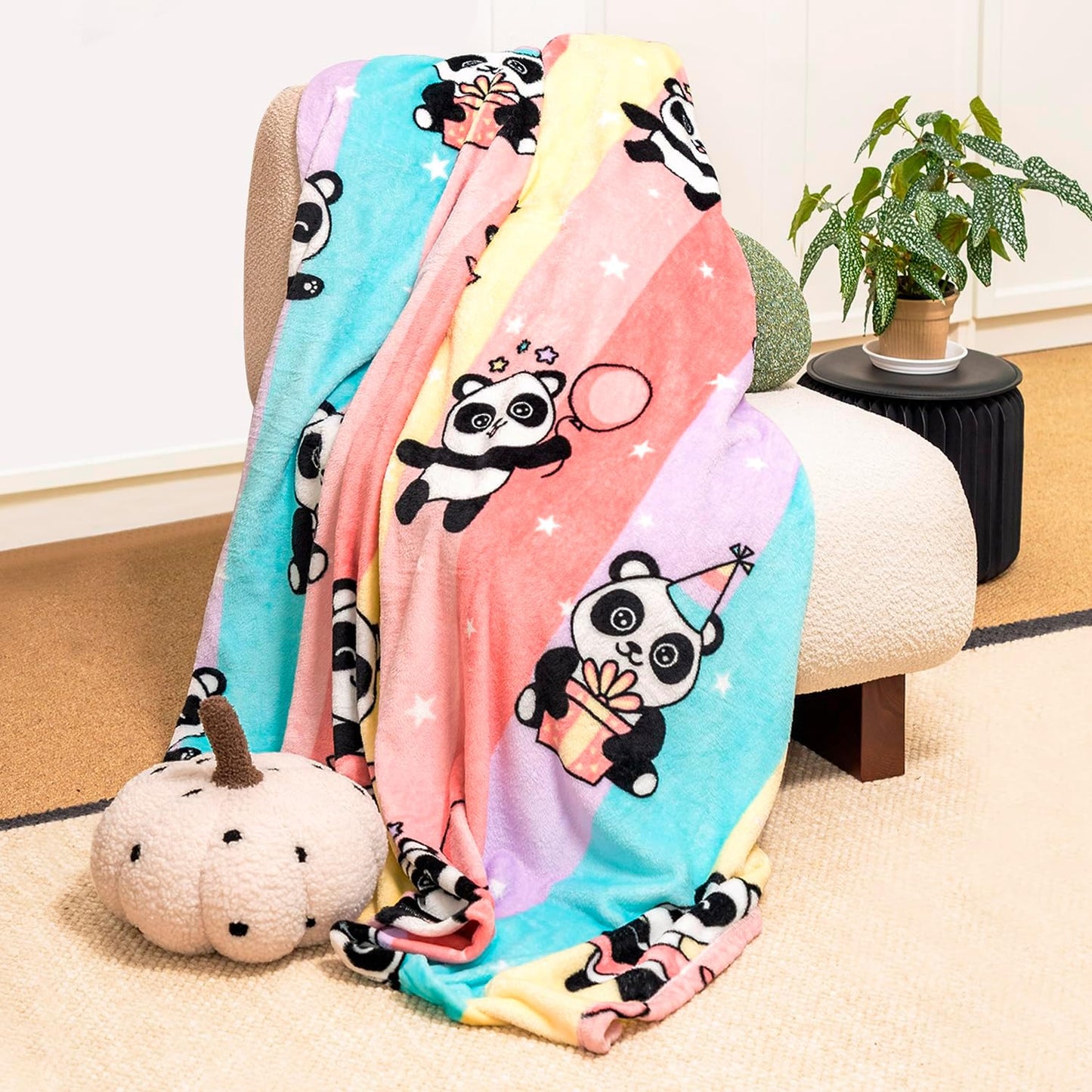 Panda Blanket with Rainbow Stripes, Soft and Warm Throw for Couch Sofa and Bed, Gifts for Girls Kids, 60 x80 Inches