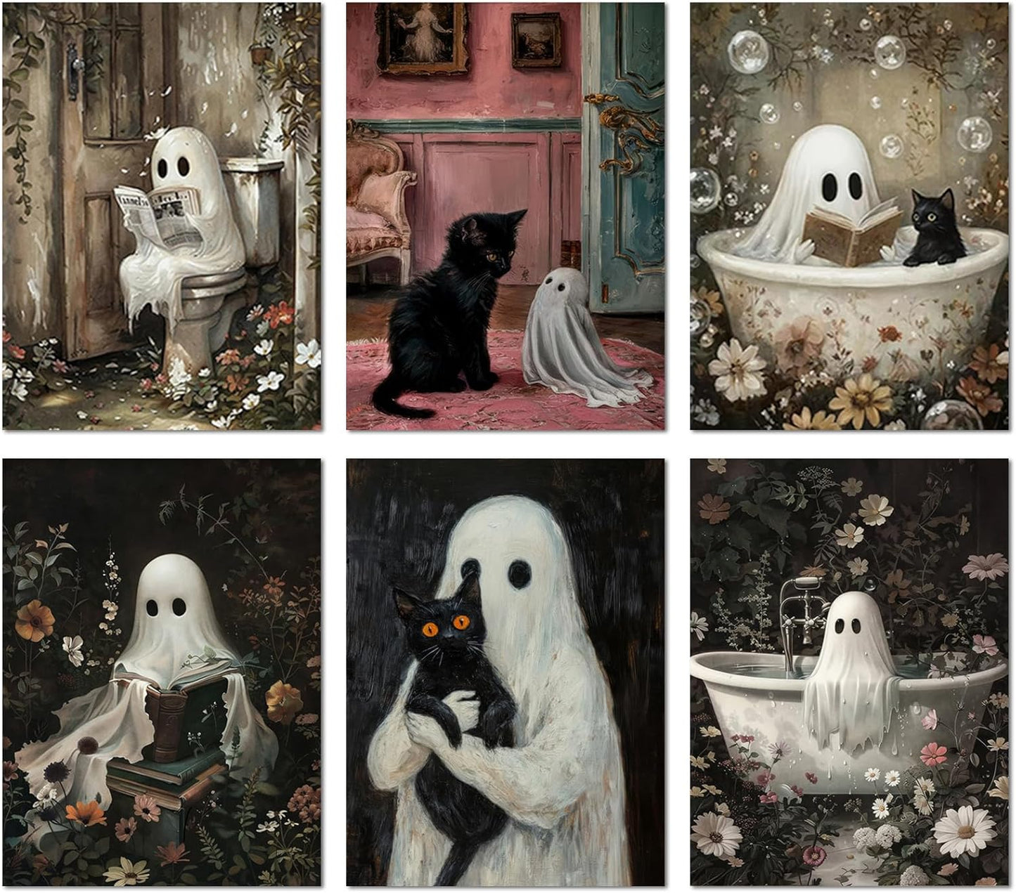 Vintage Ghost and Black Cat Wall Art Set of 6 Cute Gothic Halloween Poster Prints for Bathroom Bedroom Kids Room Spooky Reading Bathtub Ghost Picture Painting Unframed 12x16 Inch Wall Decor