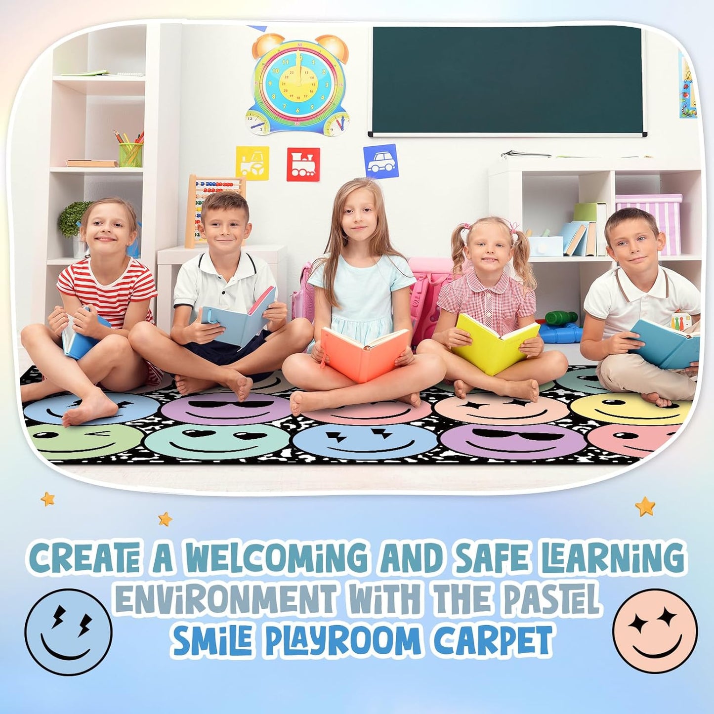 Nuanchu 1 Pack Large Pastel Face Classroom Area Rug 12.1' X6. 5' Composition Base Smile Educational Area Rug Colorful Classroom Decor Pastel Play Carpet for Teaching and Playroom