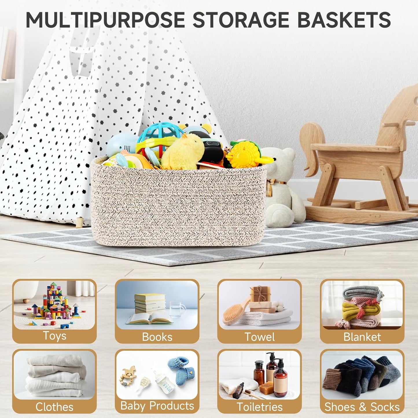 3-Pack Storage Baskets for Organizing | Woven Shelf Toy Basket | Rope Baskets for Gifts Empty | Closet Organizer Bins with Handles | Cube Decorative Box | 13.7×7.1×6.7” | Mixed brown