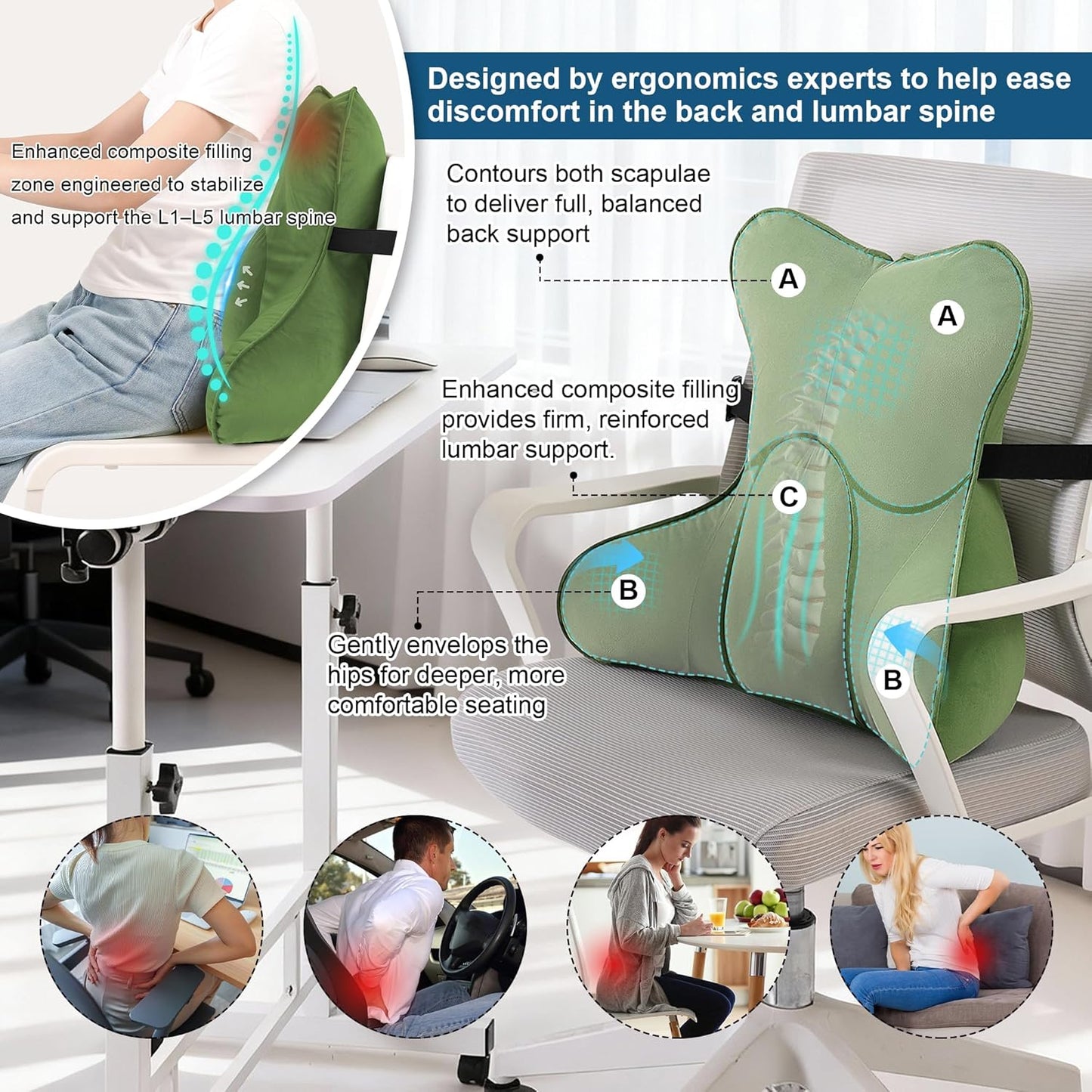 Lumbar Support Pillow(Pat. Pend) for Lower Back Pain Relief – Multi-Functional Ergonomic Lumbar Cushion, Reading Pillow for Office Chair, Car Seat & Sofa,Olive Green