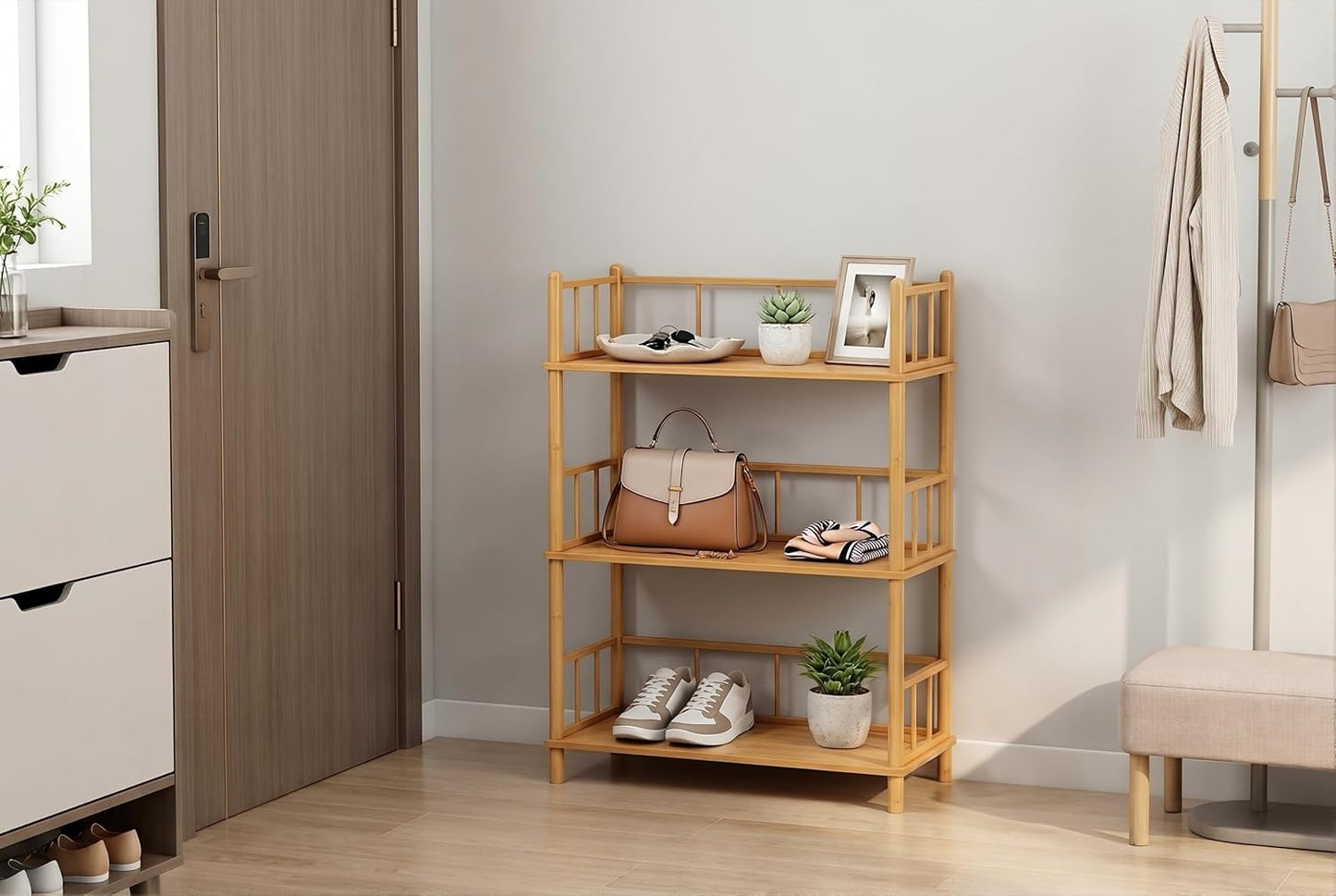 GOGOGO 3-Tier Expandable Bamboo Open Bookcase - No-Tools Assembly & Modular,Modern Display Bookshelf with Top Edge and Solid Wood Frame for Home and Office, Storage Cabinet