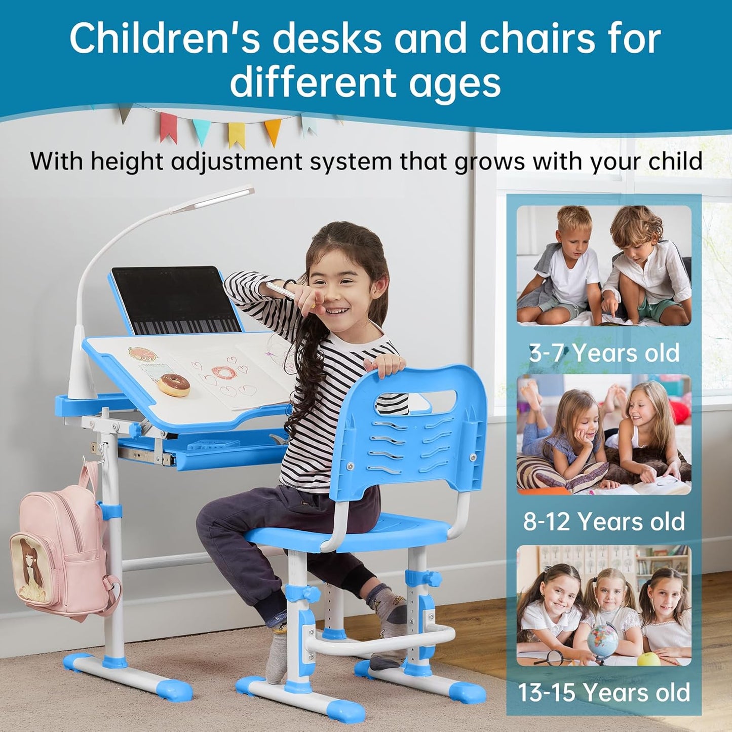 Kids Desk and Chair Set, Height Adjustable Child's School Study Writing Tables with Tilt Desktop, LED Light, Storage Drawer, Book Stand (Blue)