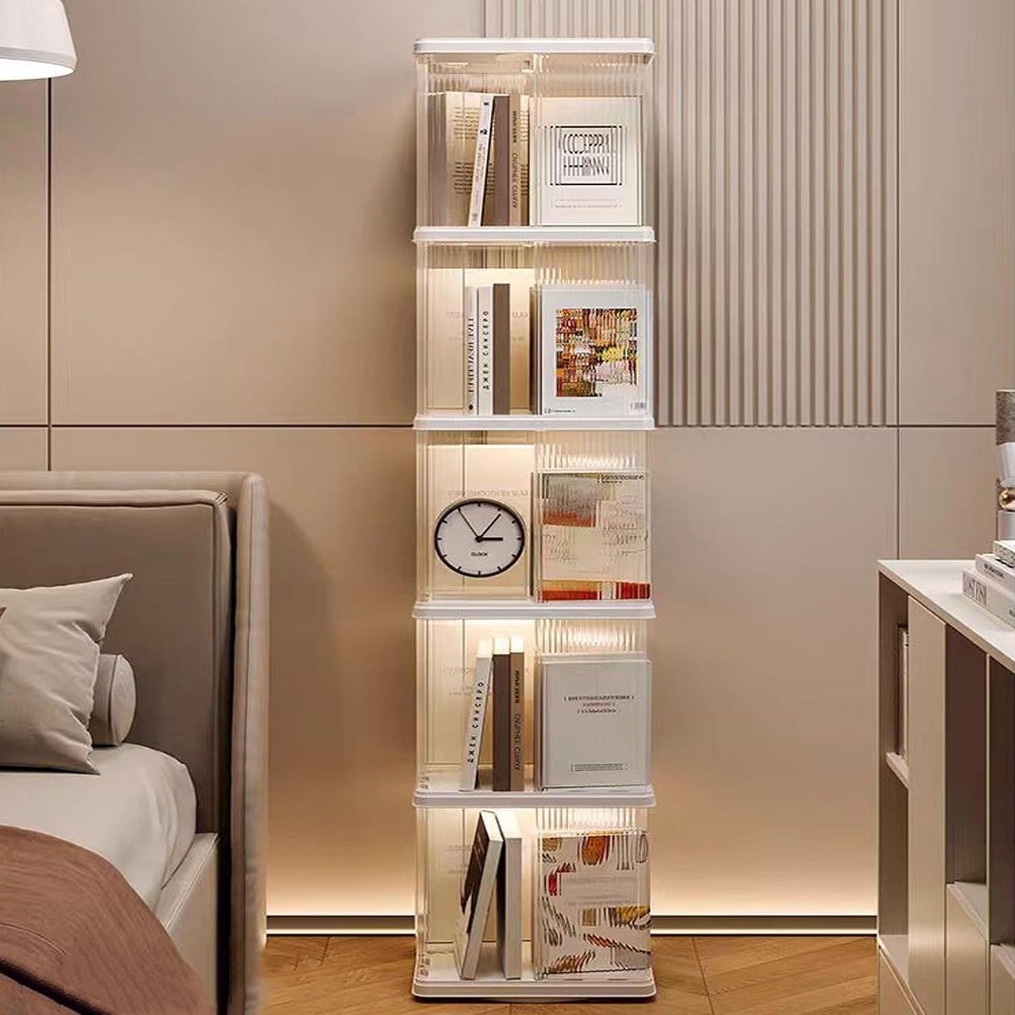 5 Tier Rotating Bookshelf Tower, 360° Rotating Bookshelf, Space Saving Rotating Bookshelves, Revolving Bookcase Suitable for Bedrooms, Living Rooms, Studies and Offices, White, Lazy Susan