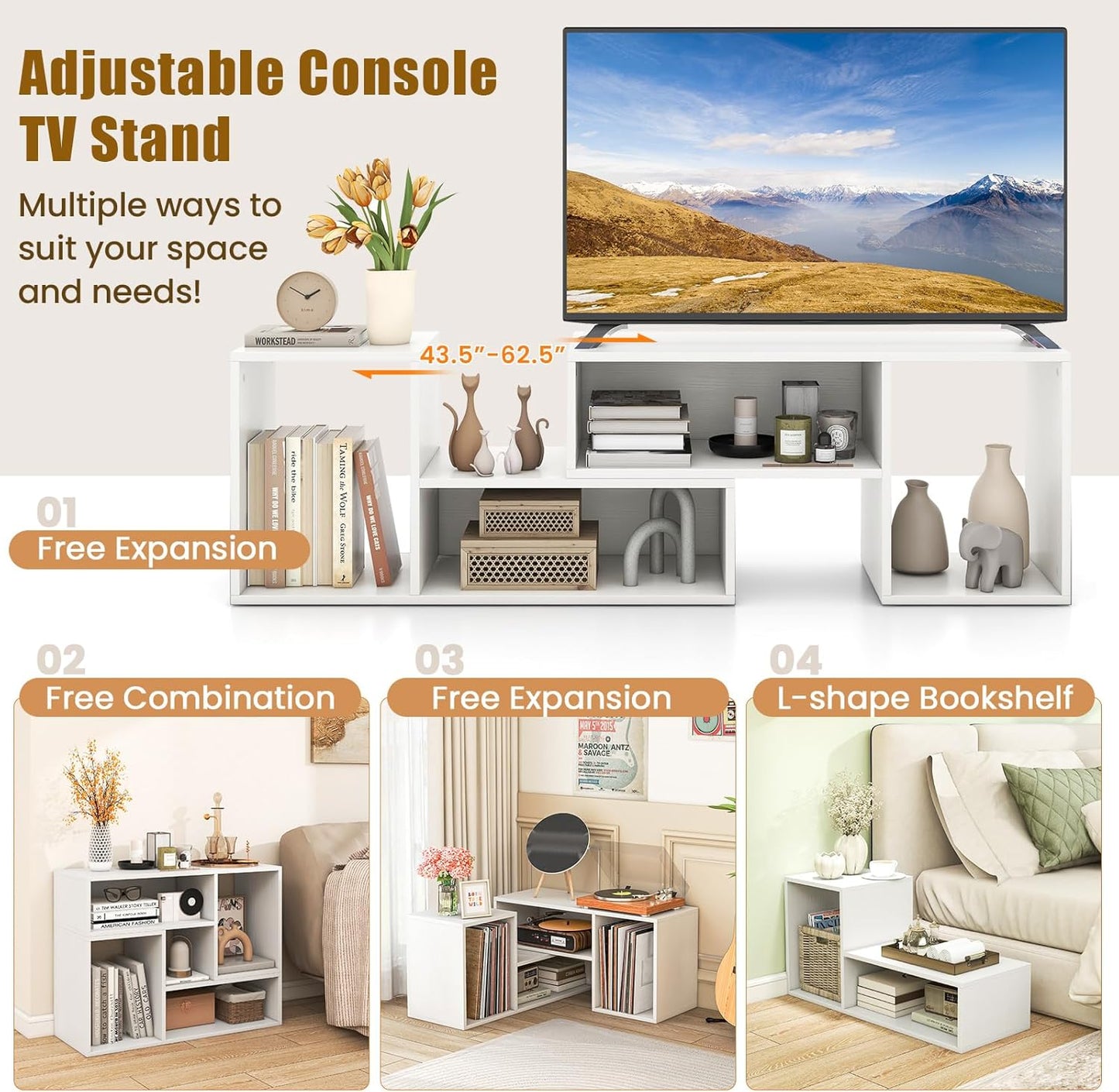 LDAILY L-Shaped TV Stand, TV Entertainment Center with 4 Storage Cubes & Rotating Shelves, Wood Bookcase for TVs up to 55 Inch, Sturdy Free-Combination Console Table for Living Room, Bedroom (White)