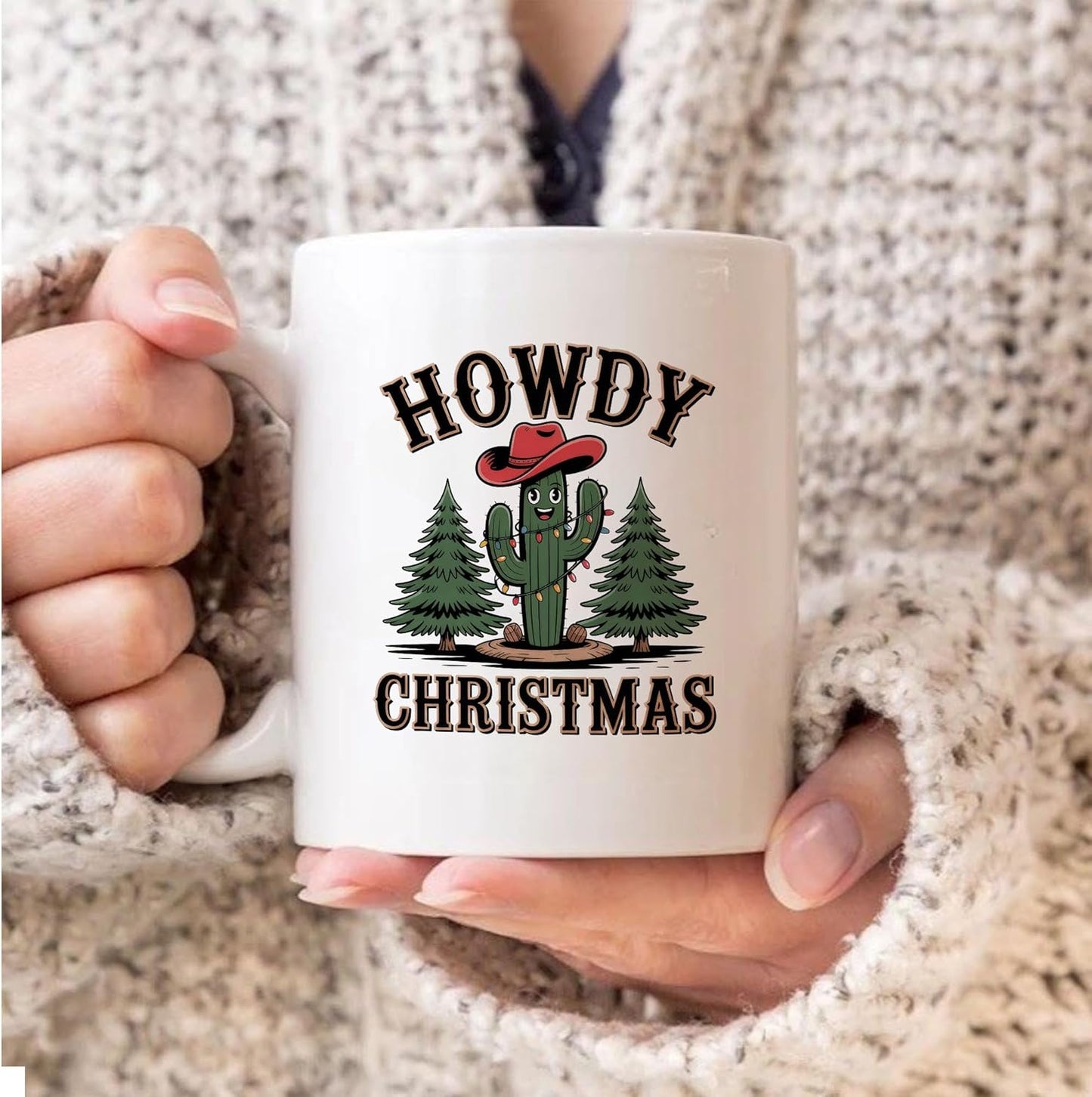 Rustic Howdy Christmas Western Cactus White Mugs, 11oz 15oz Drinking Cups, Kitchen Décor, Gifts For Book Lovers