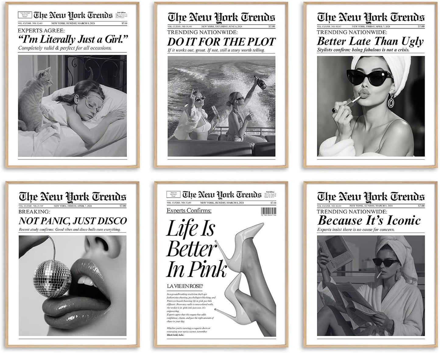 uniro Trendy Newspaper Wall Art Prints, Vintage Black & White Newspaper Wall Decor Aesthetic Pictures, Retro Girly Dorm Room Decor, Funky Bathroom Wall Decor Disco Poster for Teen Girl Bedroom Apartment, Bar Cart decor - Unframed