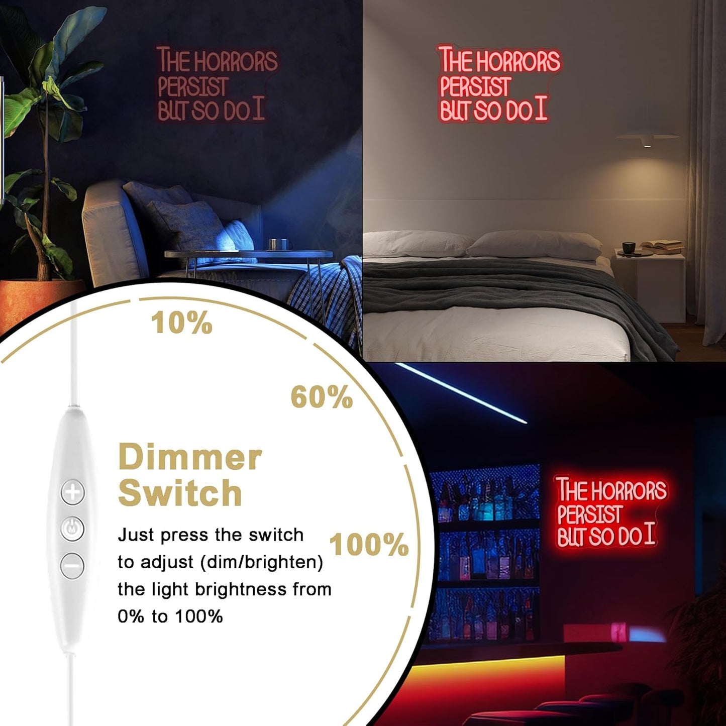 Mutank The Horrors Persist But So Do I Neon Sign, USB Powered Dimmable LED Inspirational Wall Decor Art, for Room Office Studio Bedroom Living Room Wall Decor, Inspirational Neon Light(15.7 * 9.8 In)