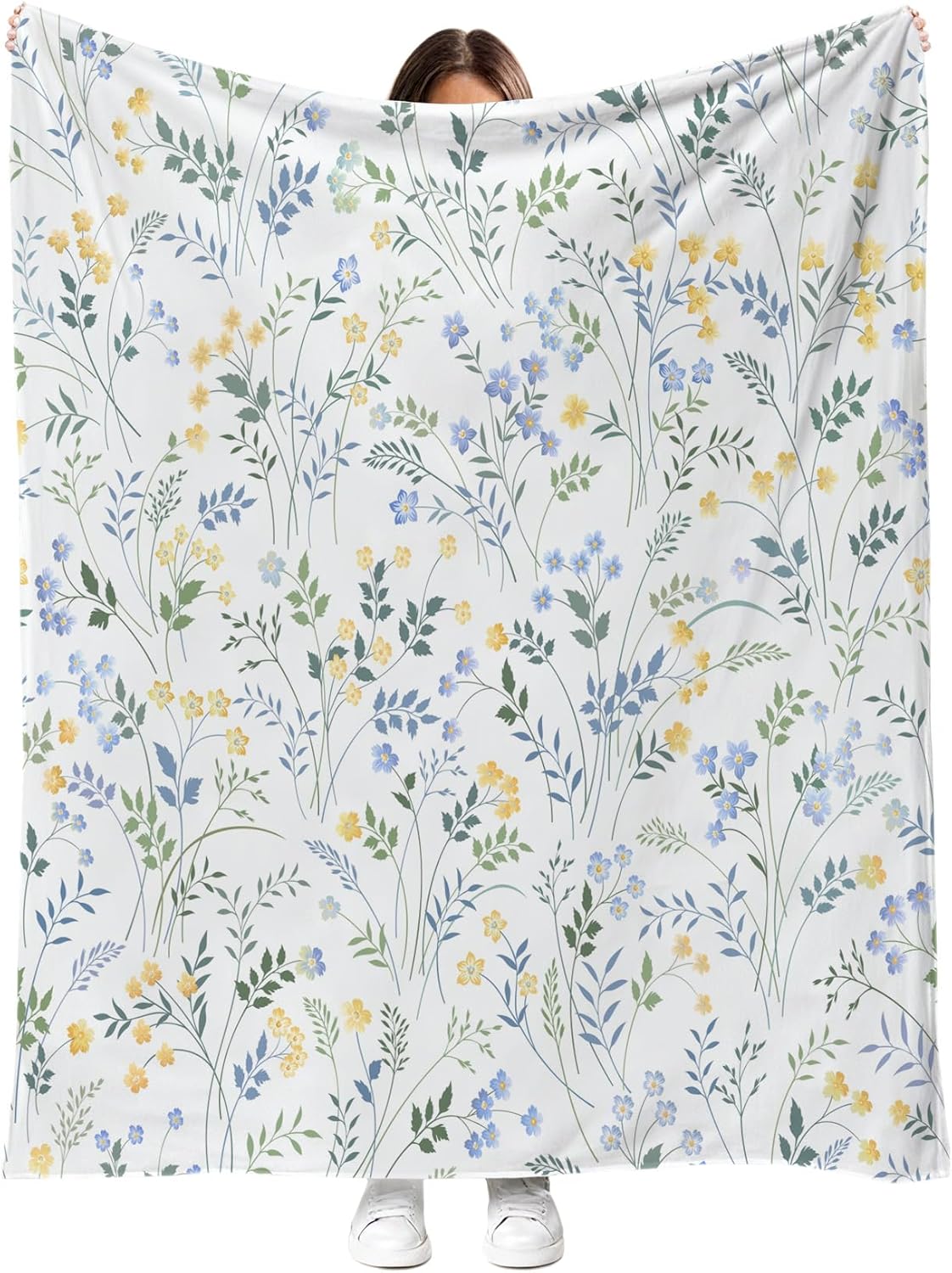 Spring Floral Throw Blanket Country Blue and Yellow Flower with Green Leaf Plant Pattern Soft Cozy Flannel Fleece Blankets for Couch Sofa Bed Chair Ideal Gifts for Women Mom Wife, 50" x 60"