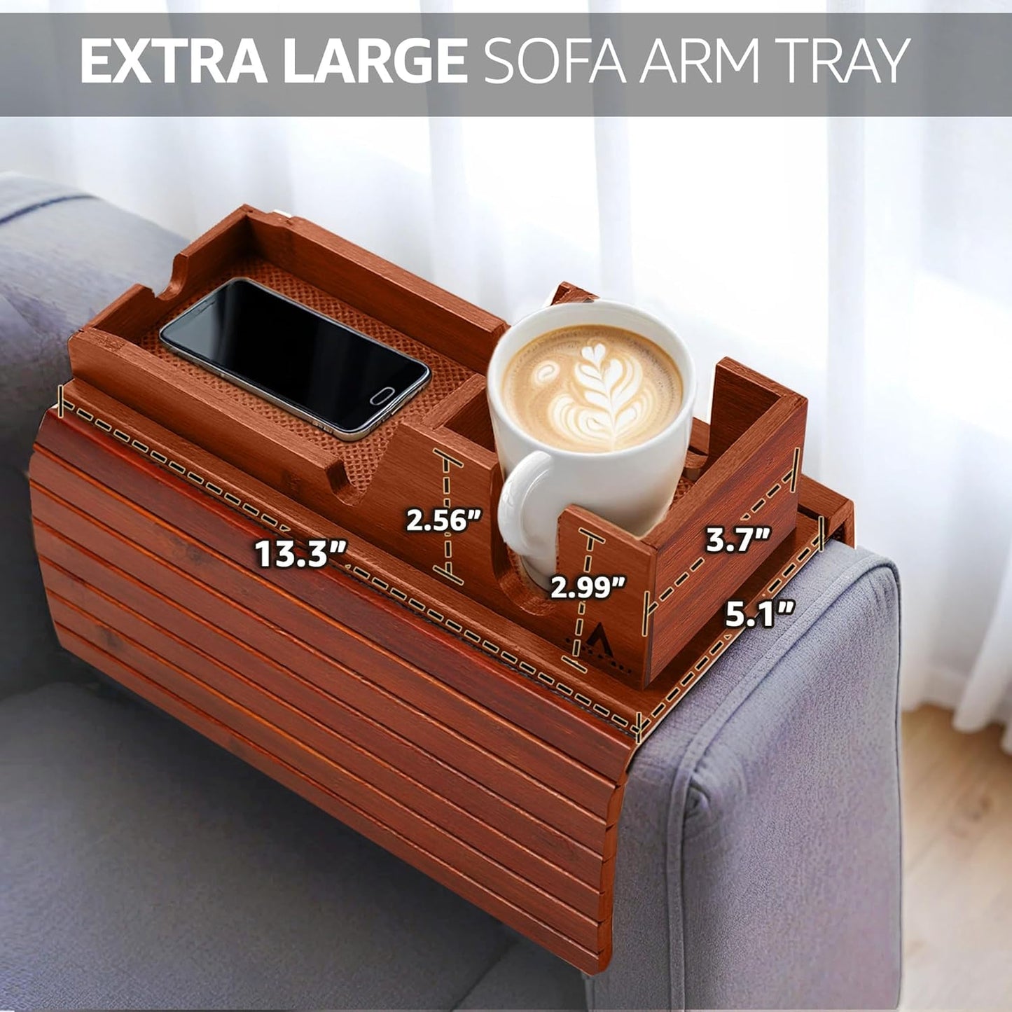 Brown Bamboo Couch Arm Tray with Non-Slip Mats, Slide-Away Upper Tray, Adjustable Fit for Various Sofa Armrests – Ideal for Snacks, Drinks, Remotes and Electronics (Brown)