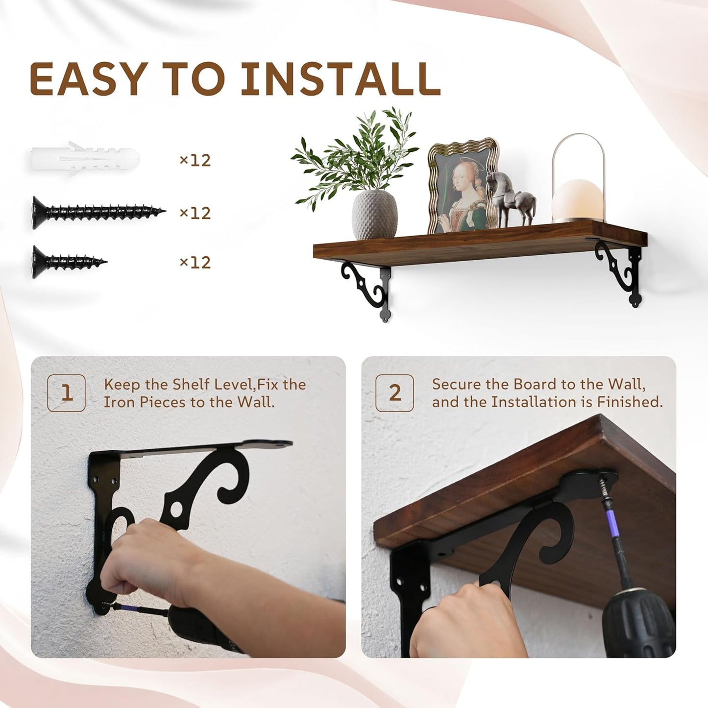 Solid Wood Floating Shelves for Wall with Metal Brackets,2 Tier 24 inch Pinewood Wall Shelf,Suitable for Multiple Places Such As Bedrooms,Kitchens,and Living Rooms(Walnut Finish)