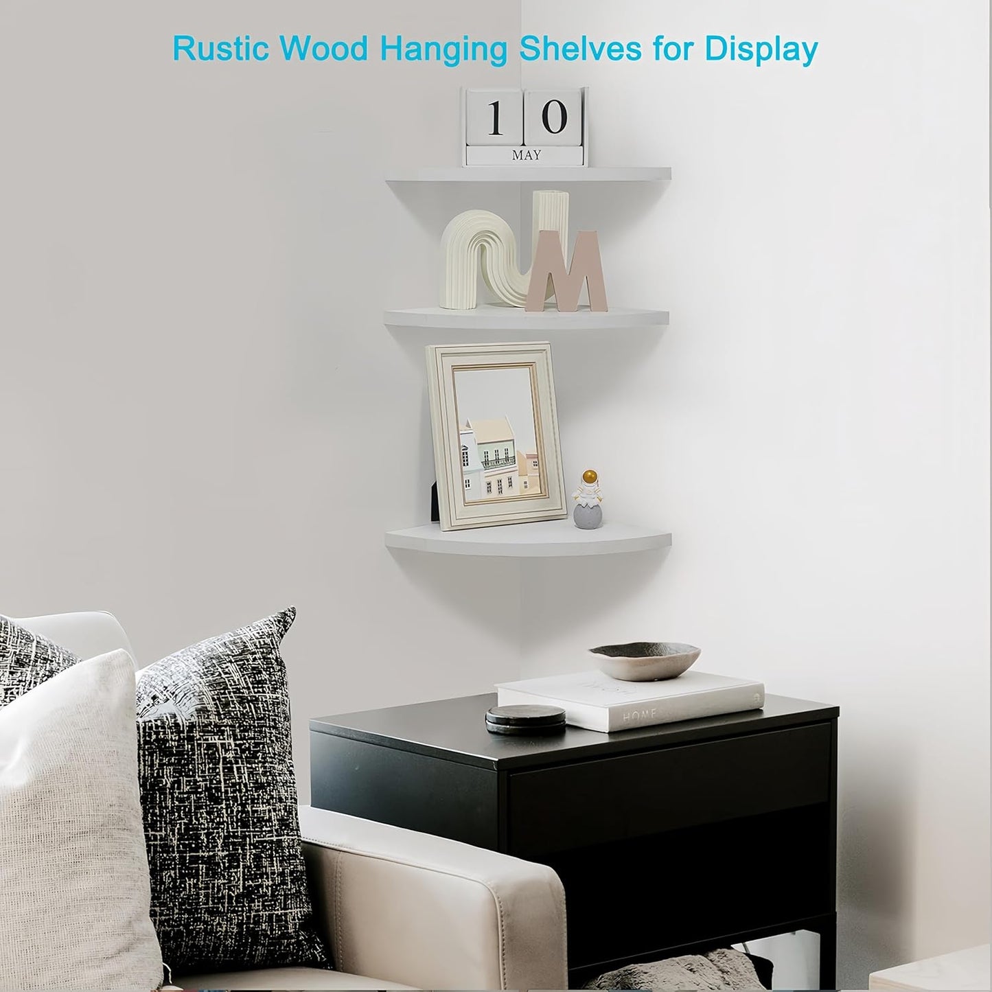 Corner Wall Shelves, Wood Corner Floating Shelves with Cable Raceway, Wall Mount Storage Display for TV Accessories, Monitor, Speaker, Cable Box, Game Console (White, Fan-Shaped- 10 Inch)