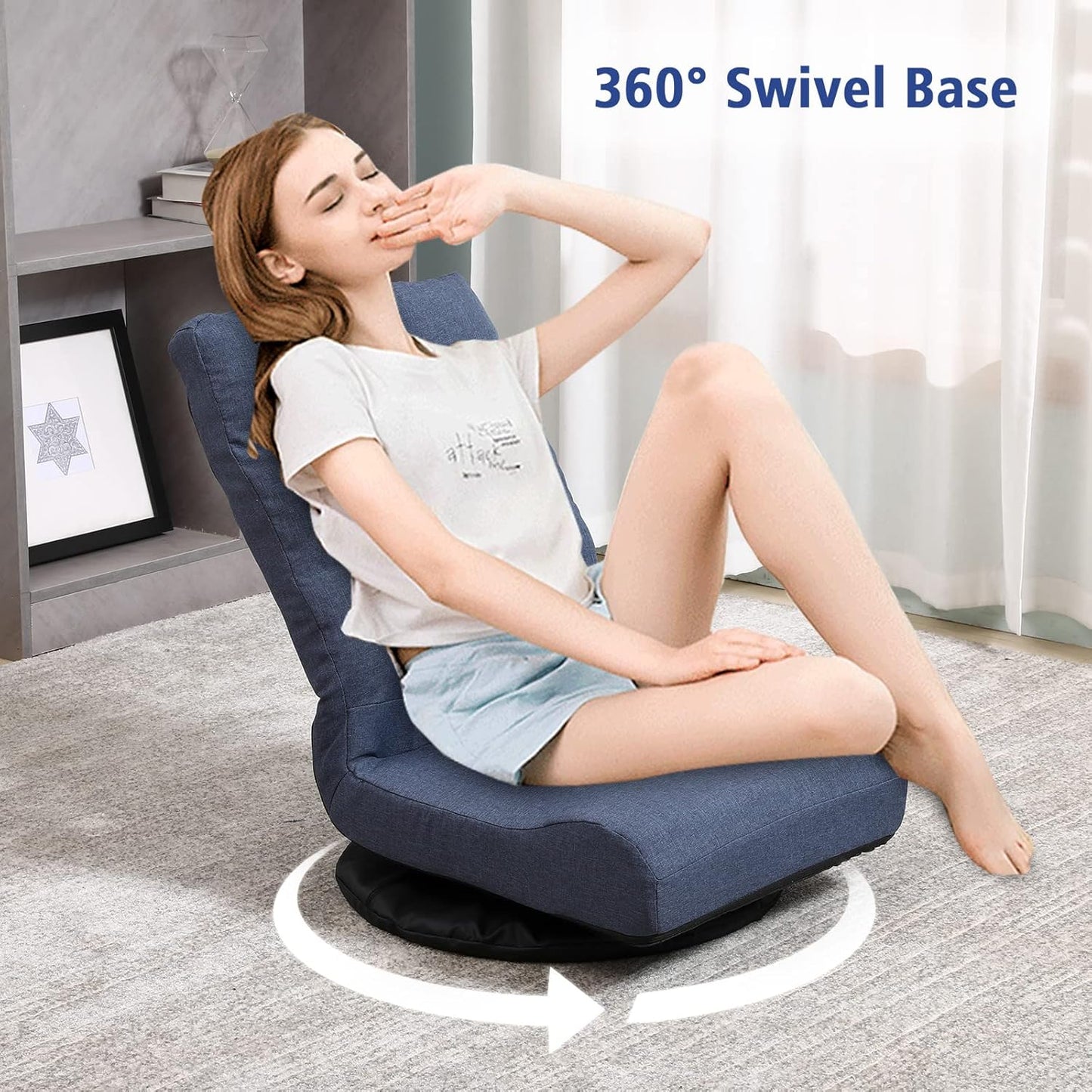 360° Swivel Floor Chair with 6-Position Backrest & Lumbar Support - Heavy Duty Folding Game Rocker for 300lbs, Multipurpose Gaming Chair for TV, Reading & Video Games, Blue