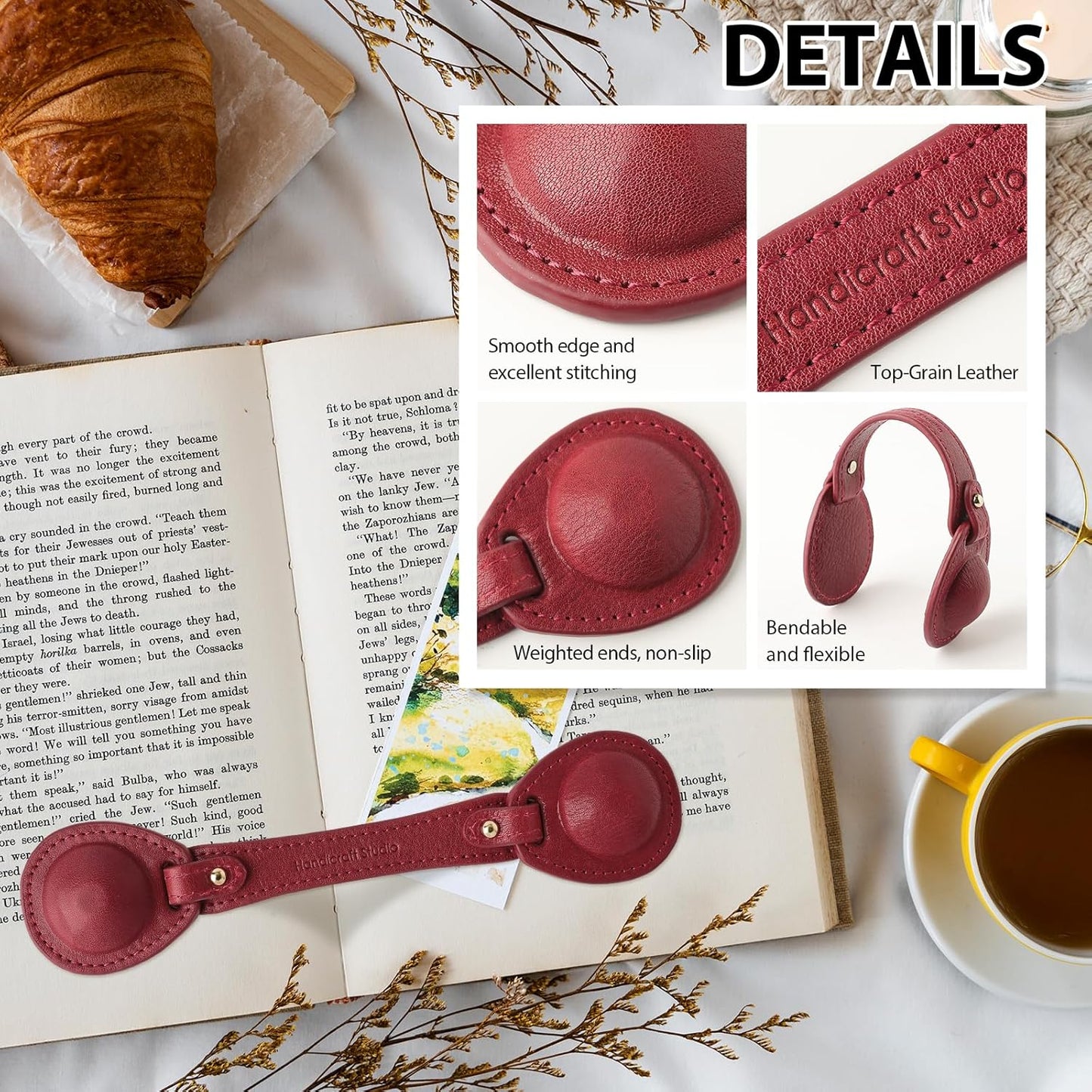 Leather Weighted Bookmarks Page Holder for Women Men, Magnetic Bookmarks for Reading, Book Accessories Gift for Book Lovers Teachers Writers Authors Poets (Wine)