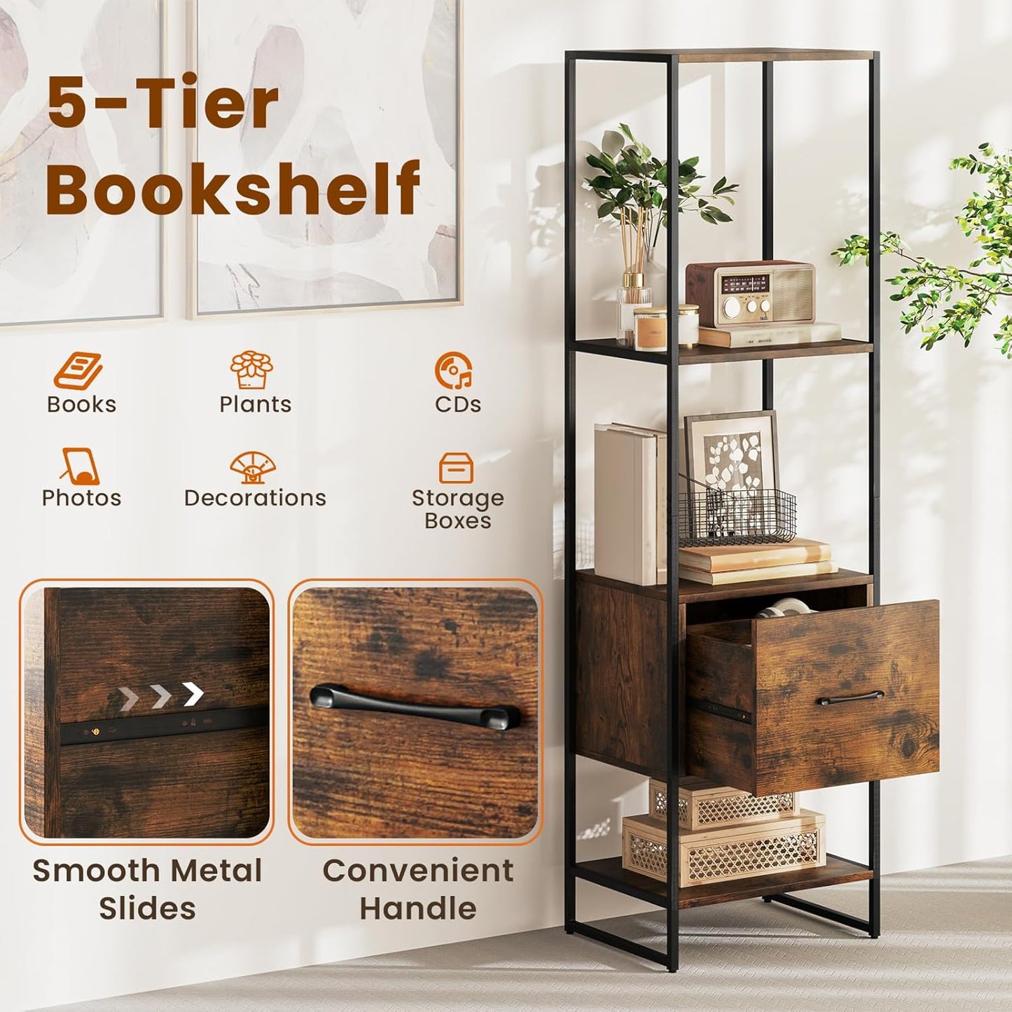 Giantex 5-Tier Bookshelf with Drawer, Narrow Bookcase w/Open Shelves & Metal Frame, Modern Storage Organizer Shelving Unit, Freestanding Display Rack for Bedroom Living Room (1,Rustic Brown+Black)
