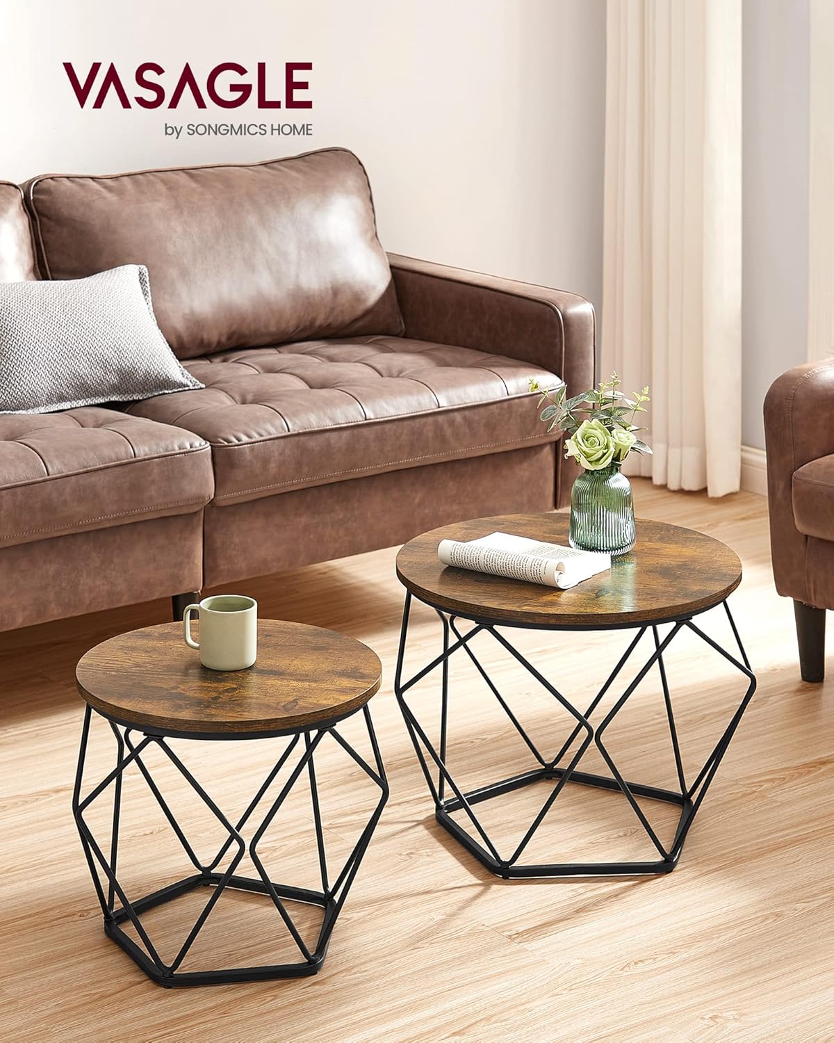 VASAGLE Small Coffee Table Set of 2, Round Coffee Table with Steel Frame, Side End Table for Living Room, Bedroom, Office, Rustic Brown and Ink Black | Living Room, Bedroom, Office