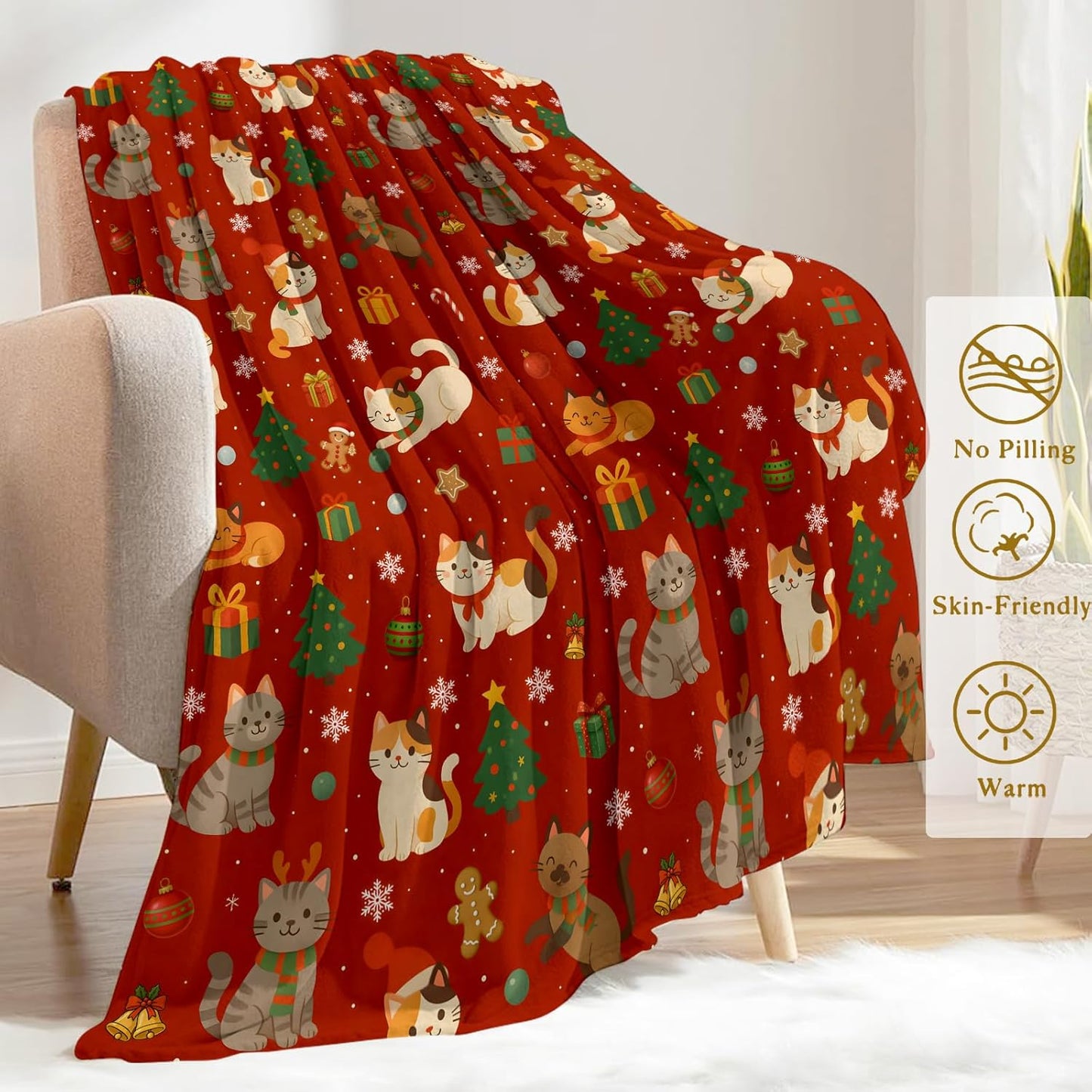 Cat Christmas Decorative Throw Blanket, Kitten Tree Gingerbread Snowflake Print Decoration, Soft Flannel Winter Blankets for Couch Bed Sofa, Holiday Home Decor, Xmas Festival Gifts 50x60 Inch