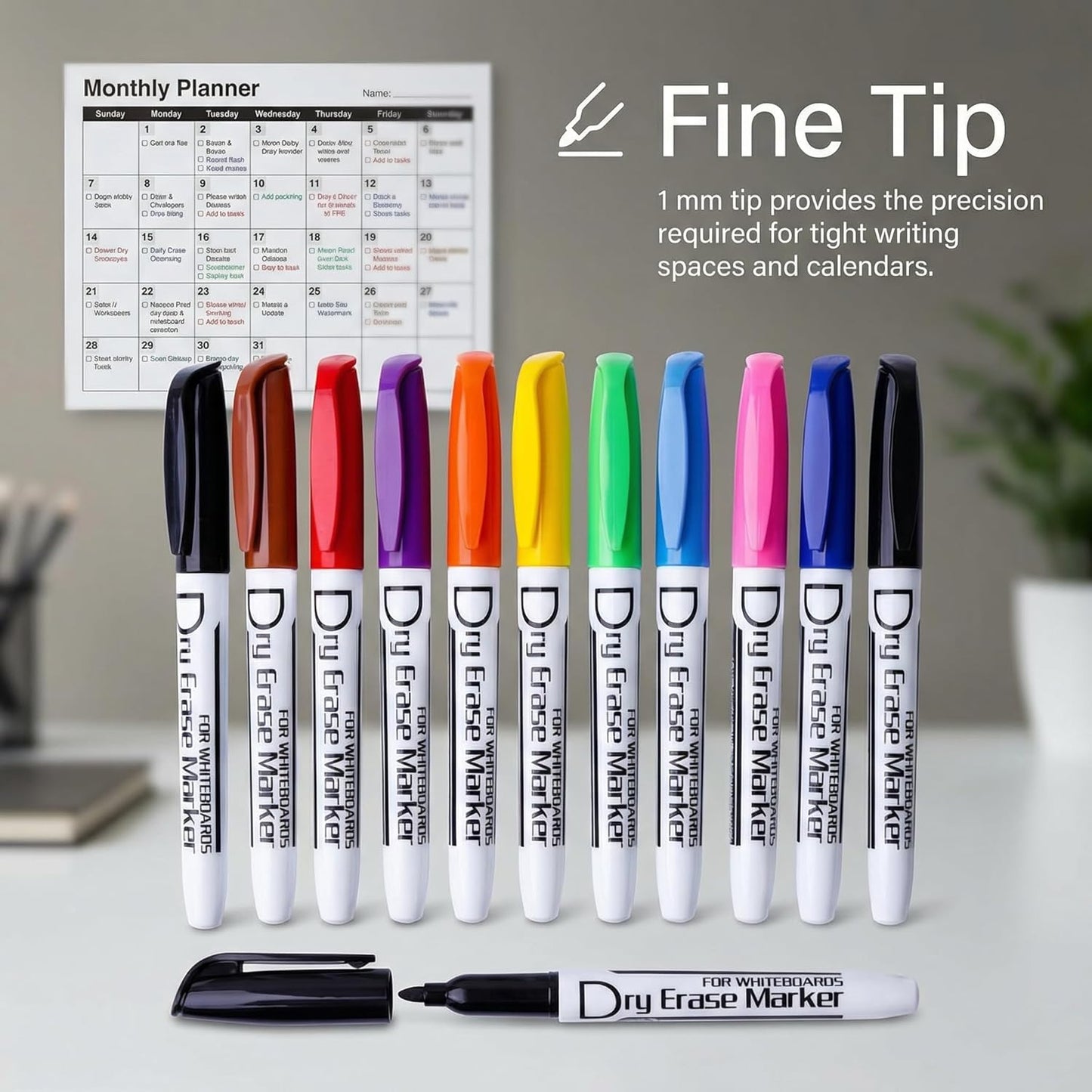 Volcanics Dry Erase Markers Low Odor Fine Whiteboard Markers Thin Box of 12, 10 Colors