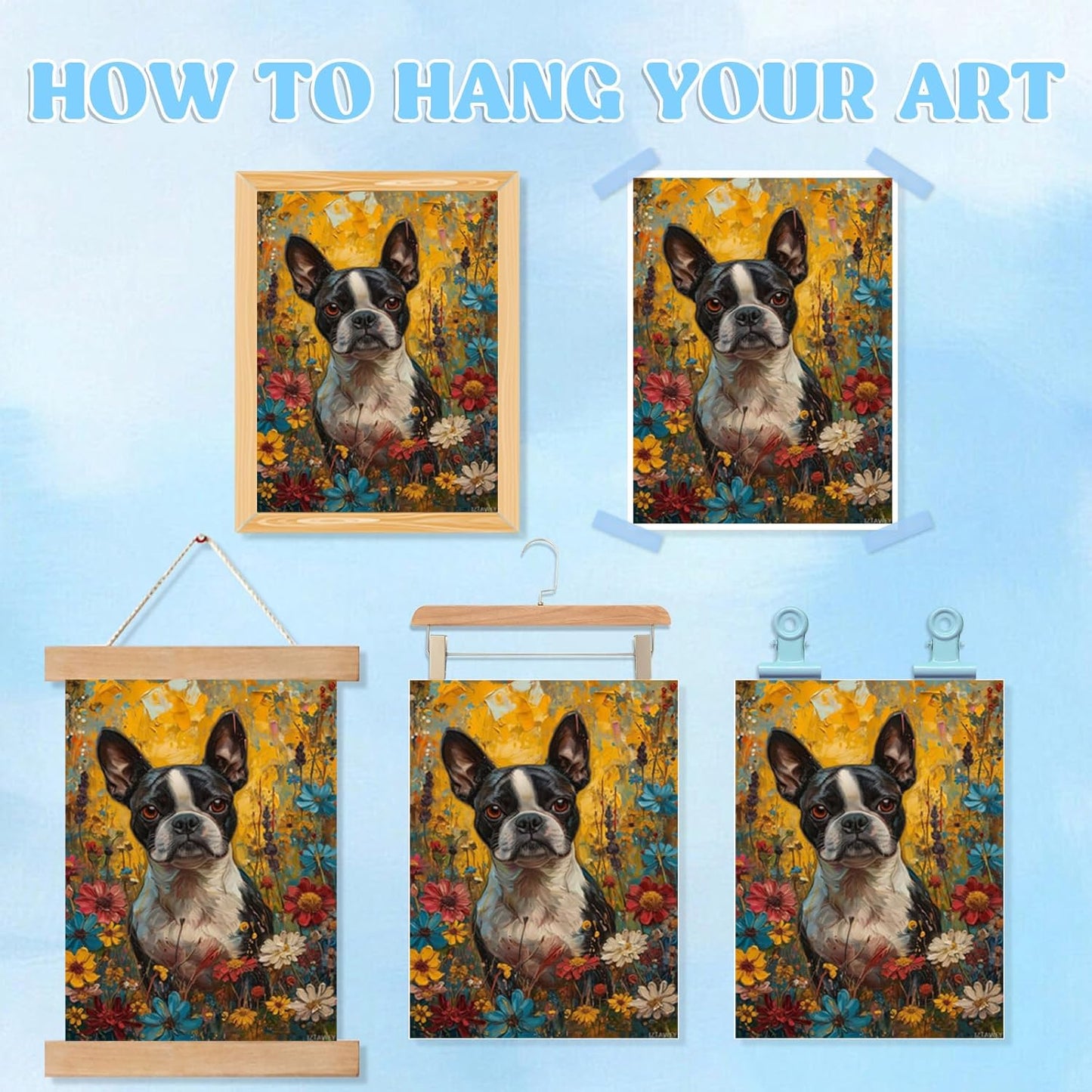 IZTAWEY Wall Art Boston Terrier Art for Bathroom Painting Animal Canvas Prints Room Decor Bedroom Living Room Office Apartment Kitchen Decoration Artwork 12x16inch Without Frame
