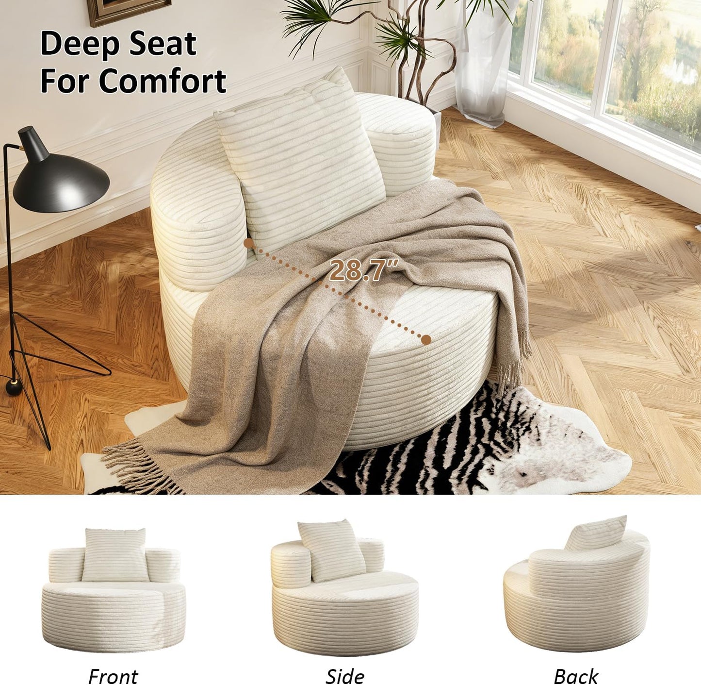 37.4" Boneless Round Chair, Oversized Chaise Lounge Cloud Chair Indoor, Upholstered Corduroy Deep Seat Sofa Accent Chair, No Assembly Required, for Living Room Bedroom Apartment