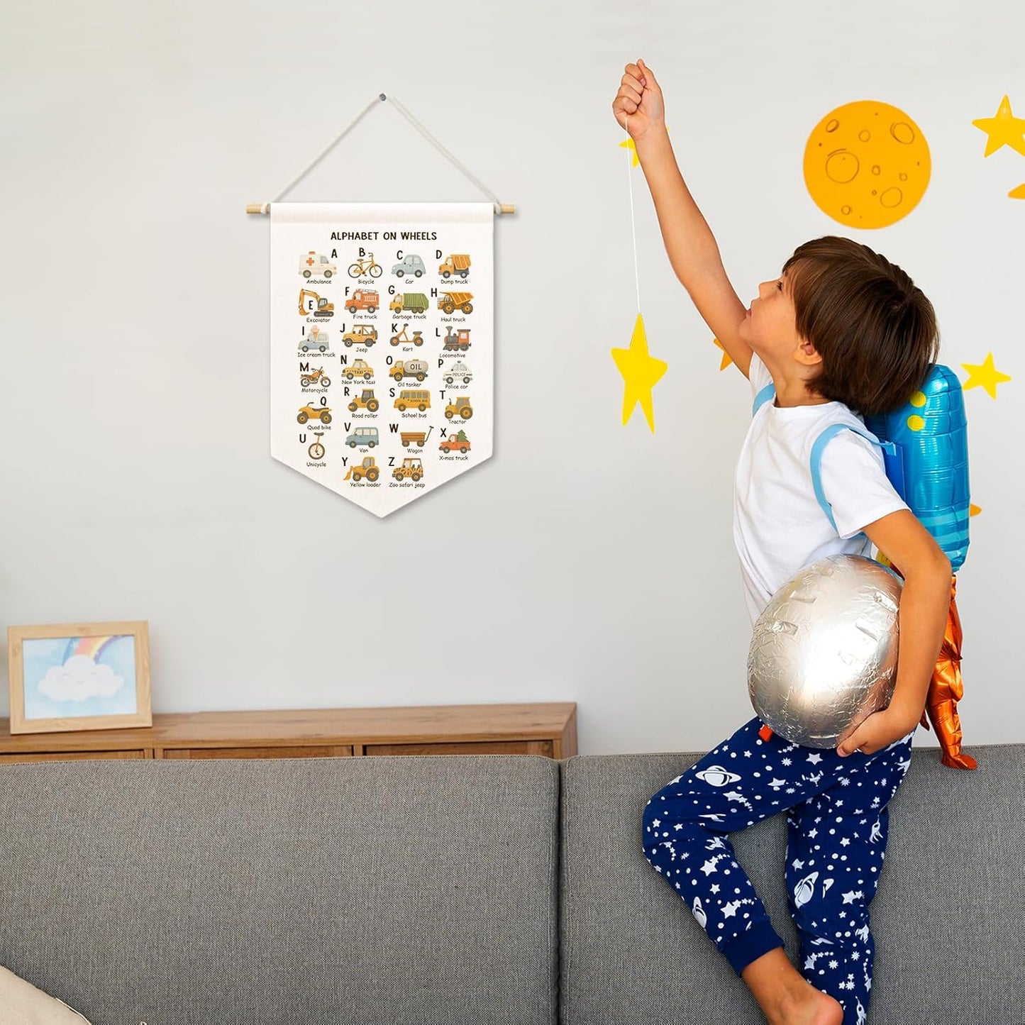 Classroom Car Alpahbet Kids Boys Room Decor, Nursery Cute Traffic Banner Canvas, Abc Educational Wall Hanging Frame Decor Art Pennant Flag for Playroom Toddler Room Preschool Dorm 11x15in
