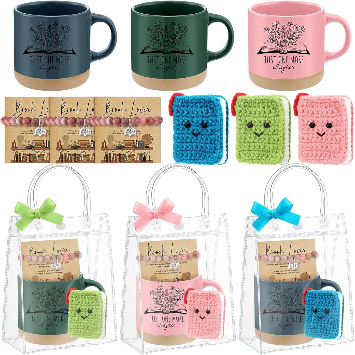 Roshtia Book Lover Gift for Women Bookworm Coffee Mug Mini Crochet Book Bracelet Card and Bag Bookish Club Accessories for Friend Librarian Reader Coworker Teacher, 1 Set