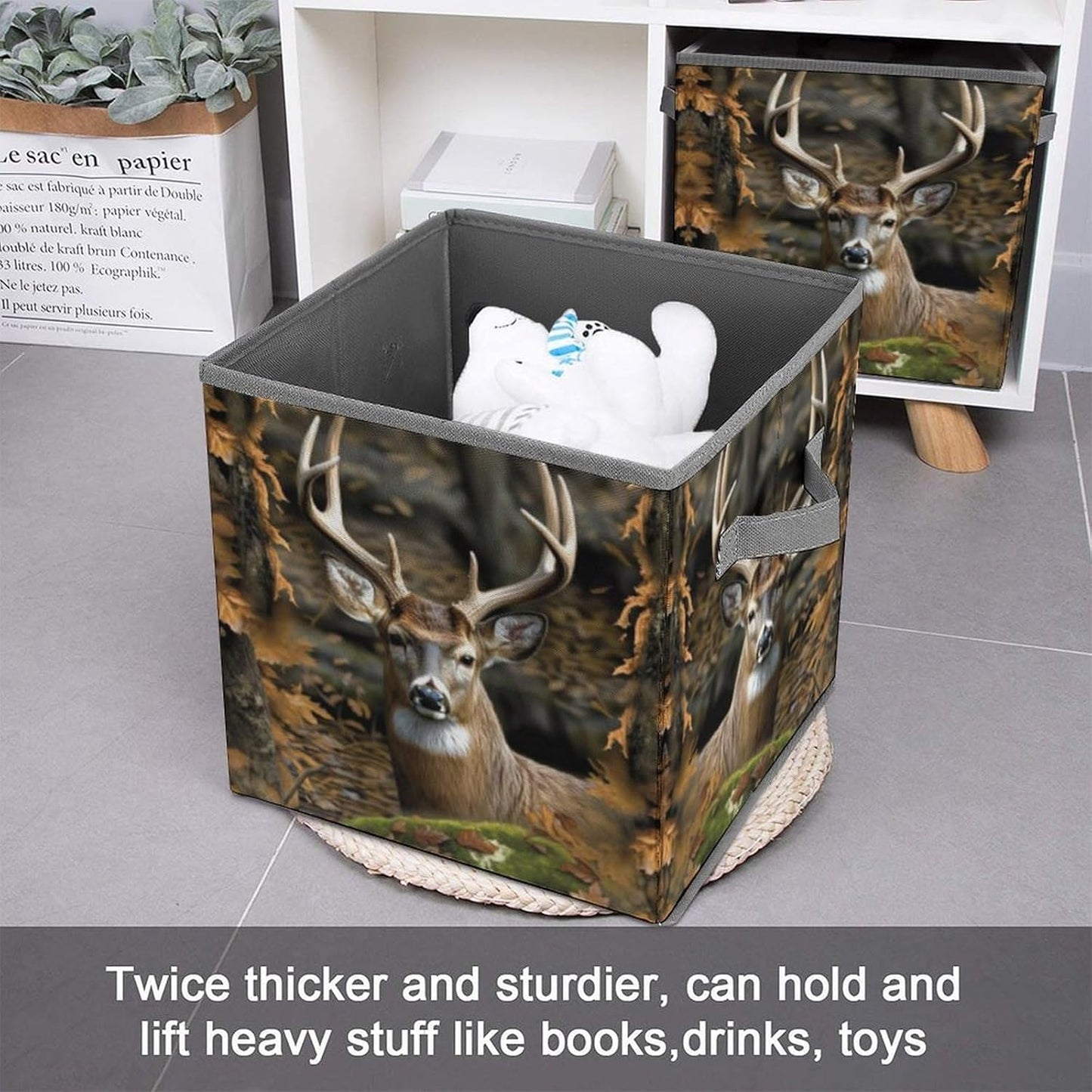 Camouflage Deer Storage Bins with Handles Fashion Large Storage Cubes Sturdy Foldable Storage Boxes Space-Saving Storage Baskets for Home Office Clothes Closet Organizers
