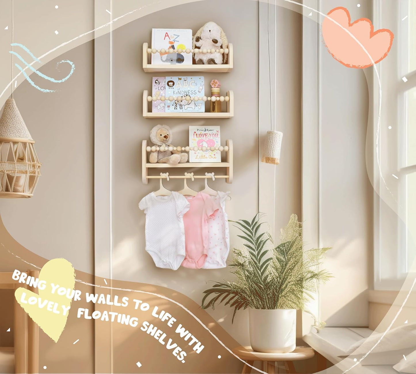 CNK Nursery Floating Book Shelves for Wall Mounted Set of 3 Book Shelf for Kids Room, Toddler Room, Baby Rooms Natural Pine Wood Bookshelf Toy Storage with Rack Playroom Decor