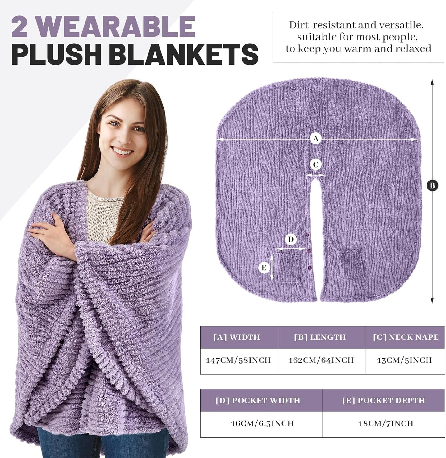 2 Pcs Fleece Wearable Blanket Winter Wrap Shawl with Pockets 58'' x 64'' Poncho Cape Warm Gifts for Adult Women Men Office Lounge Sofa (Purple,Fluff Polyester)