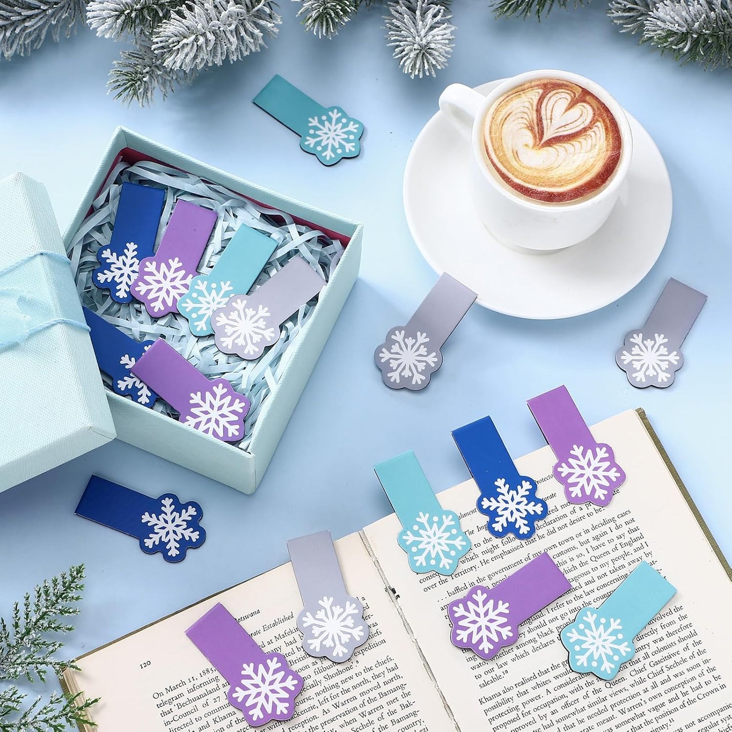 Clabby 48 Pcs 4 Style Mini Size Snowflake Magnetic Bookmarks Winter Snowflake Page Clip Magnet Book Page Markers Set with Magnet Book Marker for Lovers Winter Party Supplies Christmas Reading Gifts