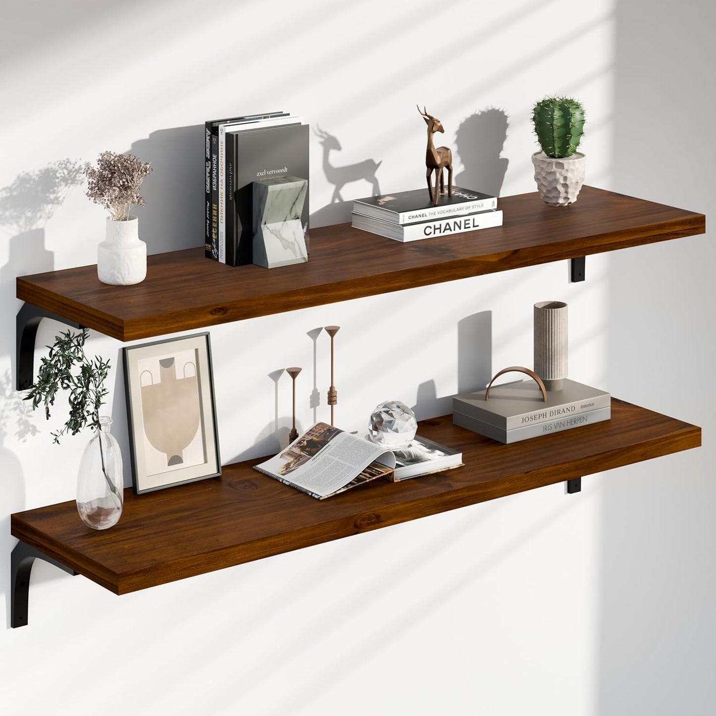 12 Inch Deep Floating Shelves Set of 2, 48 Inch Extra Wide Vintage Walnut Solid Pine Wood Wall Shelves, 4ft Heavy Duty Wall Mounted Bookshelf with 100 lbs Capacity for Kitchen & Living Room