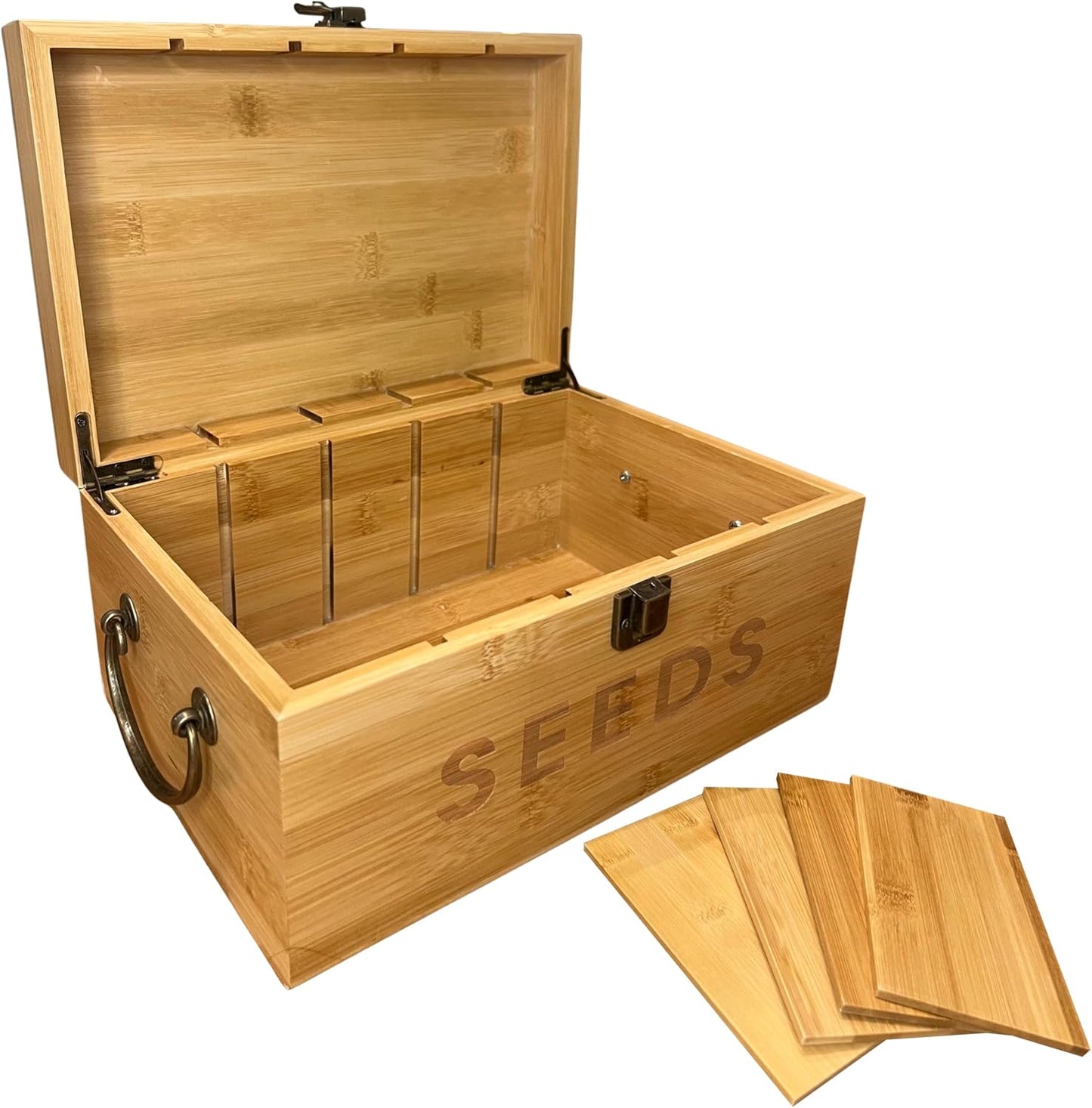 Bamboo Garden Seed Storage Organizer Box, Wooden Seed Box with Removable Dividers, Metal Handle and Latch, Seed Keeper Organizer for Garden Seed Packets and Storage (10.59 x 7 x 5.12 in)