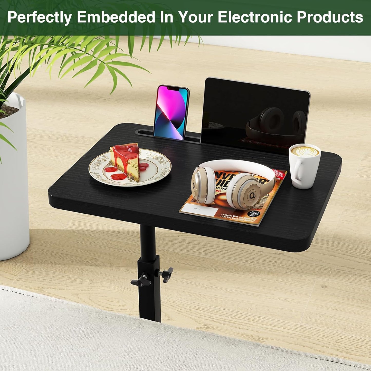 IBUYKE C Shaped Side Table, 360° Swivel Height Adjustable End Table for Small Spaces, with Phone & Tablet Slot, Modern Small Coffee Snack Table for Sofa/Bed, Black UTVT003B