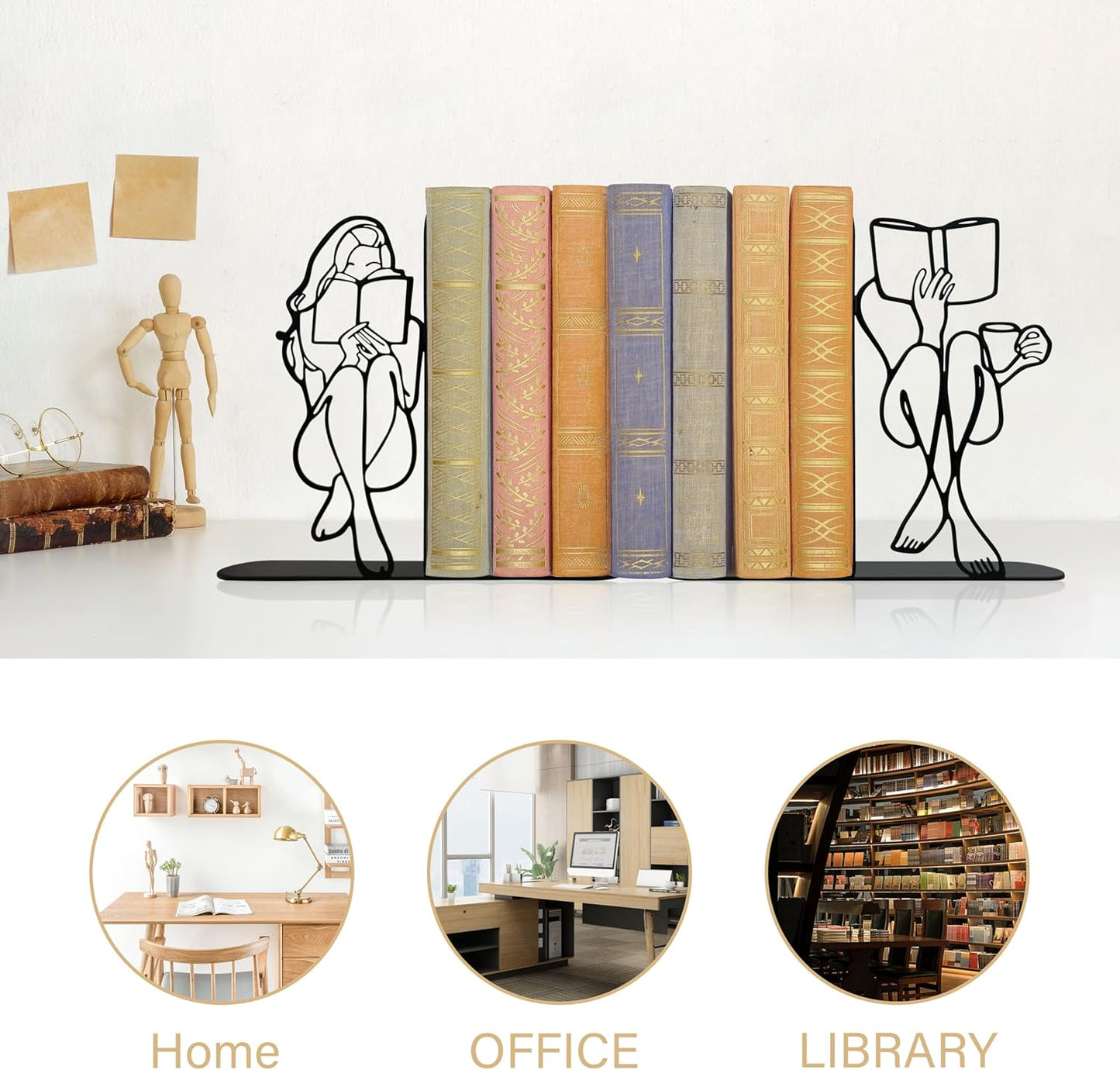 Reading Bookends Decorative for Shelves - Girl Reading Statue Bookends, Metal Black Book Ends Decor for Heavy Books, Novelty Bookish Decor for Home Library, Book Lovers Gift for Women & Students