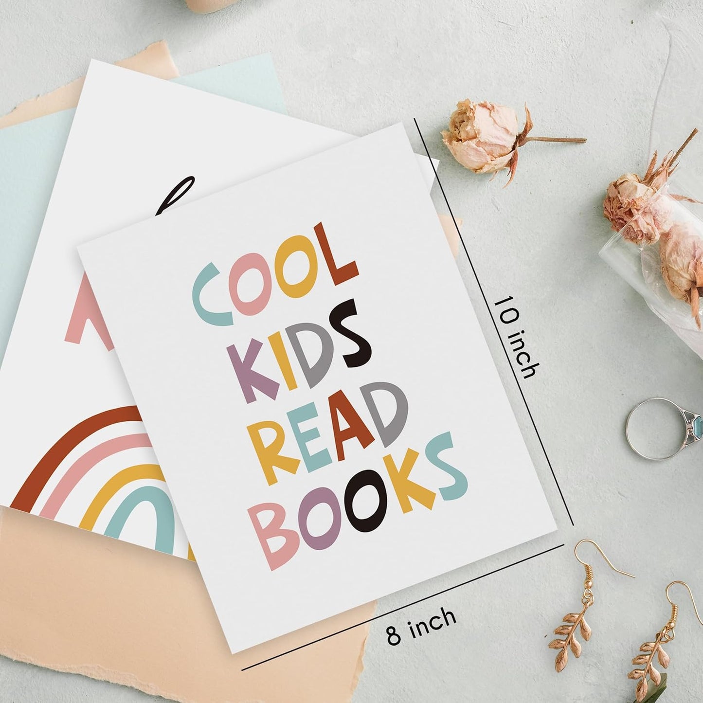 HRQKO Cool Kids Read Books Wall Art Poster Set of 4, Boho Rainbow Classroom Library Reading Corner Posters Wall Decor, Inspirational Quotes Read Signs Prints for Playroom Nursery 8”x10” Unframed