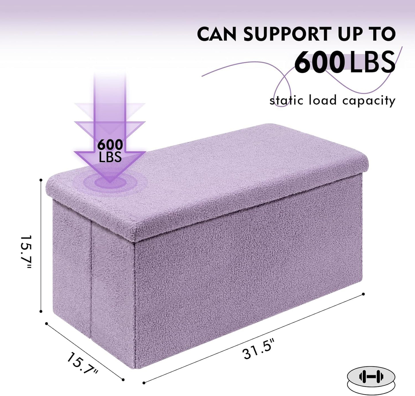 PINPLUS Folding Storage Ottoman Bench, Sherpa Ottoman with Storage, Large Long Shoes Bench Chest with Lid, Footrest for Living Room, Entryway, Purple, 31.5'' x 15.7'' x 15.7''