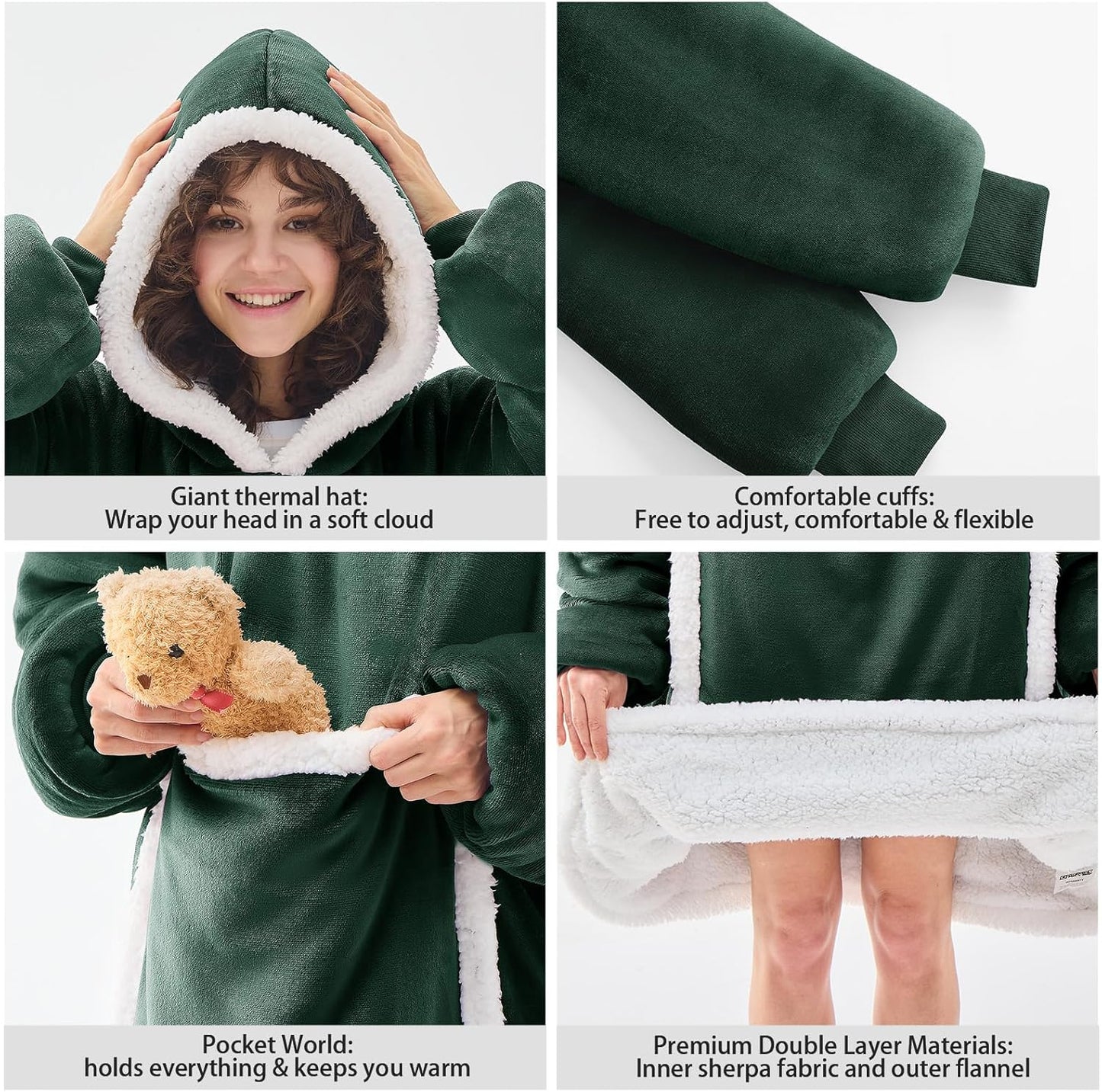 JOYWOO Green Wearable Blanket Hoodie,Oversized Cat Lovers Sweatshirt Blanket for Adult, Birthday Gifts for Women Mom Grandma,Cozy Hooded Blanket with Giant Pocket Winter Gifts,Dark Green Standard