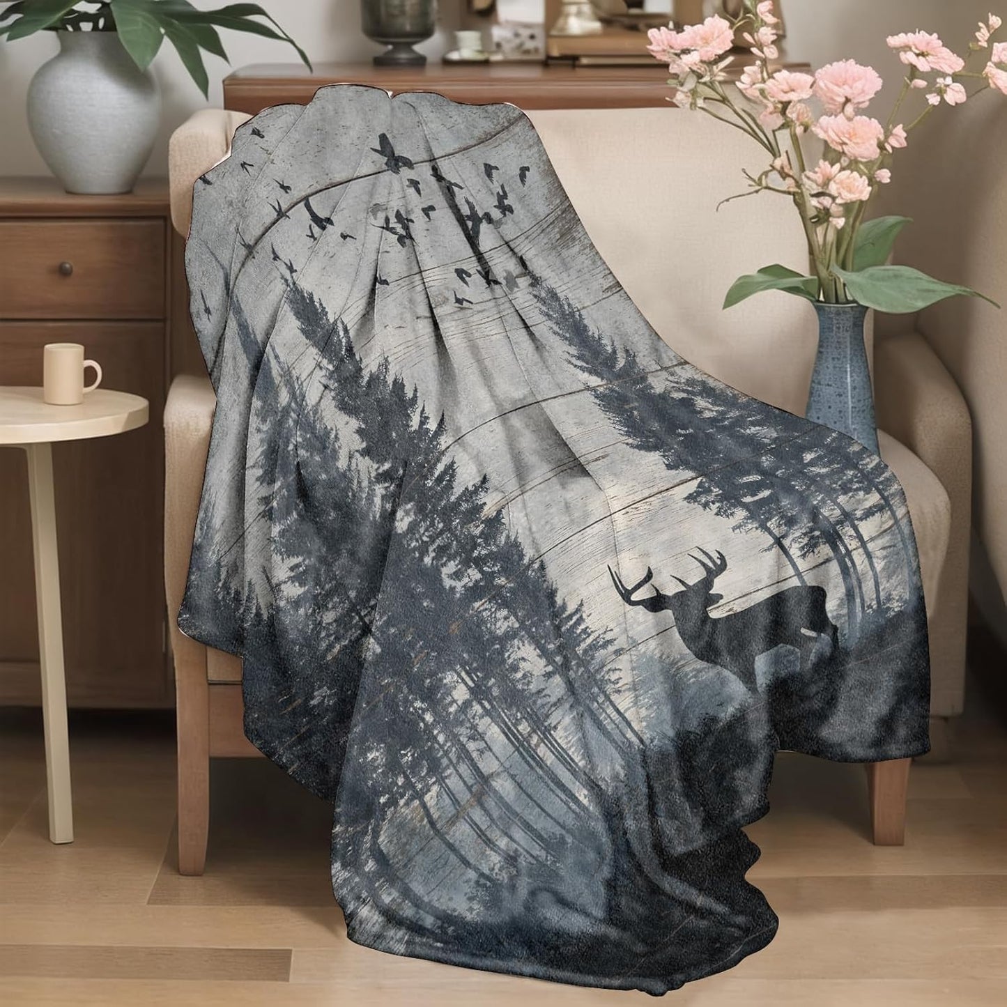 Rustic Deer Flannel Blanket Pine Forest and Bird Design Warm Lightweight Throw Blankets for Picnic Travel Gathering and Farmhouse Cabin Decorate All Season Use Adults Kids Gifts 50x60in