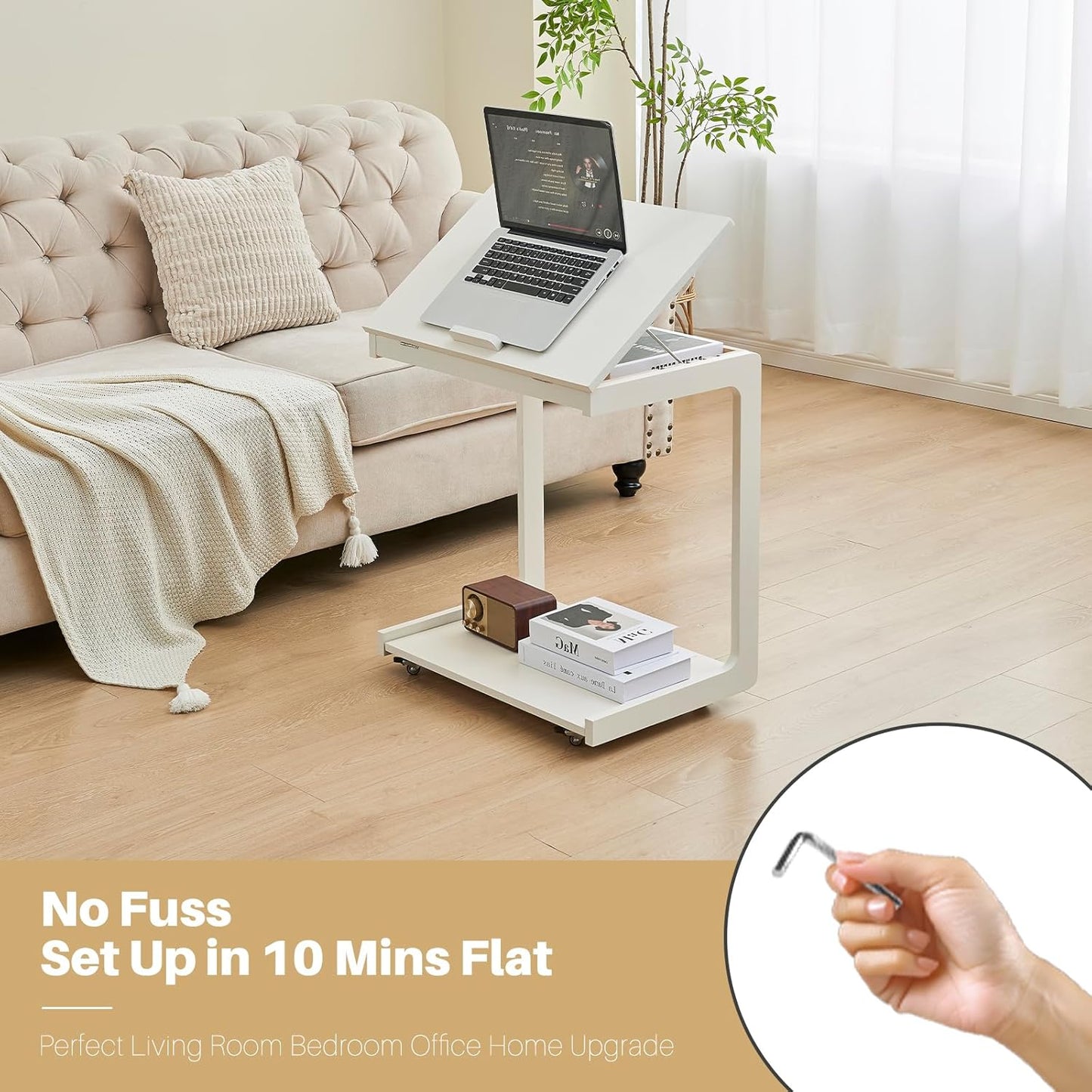 C-Shaped End Table with Wheels - Rolling Side Table for Couch, Solid Wood Modern Adjustable Angles Tv Tray Sofa Tables for Living Room, Bedroom, Home Office, White, 15.4"D x 23.6"W x 24.8"H